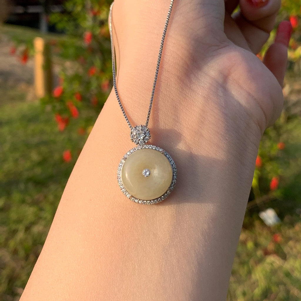 Certified A-Grade Natural Untreated Burmese Tea Yellow Donut Zircon Luxury Jadeite Pendant Necklace S925 SL264X23