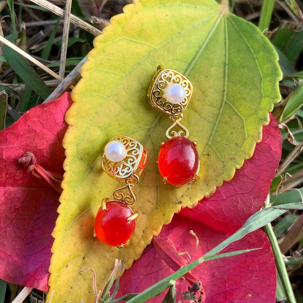 Certified Natural Untreated China Baoshan Southern Red Nanhong Agate S925 Silver Stud Earrings 中国古典风古法掐丝工艺镶嵌淡水珍珠原矿南红冰红耳饰 SL260X19