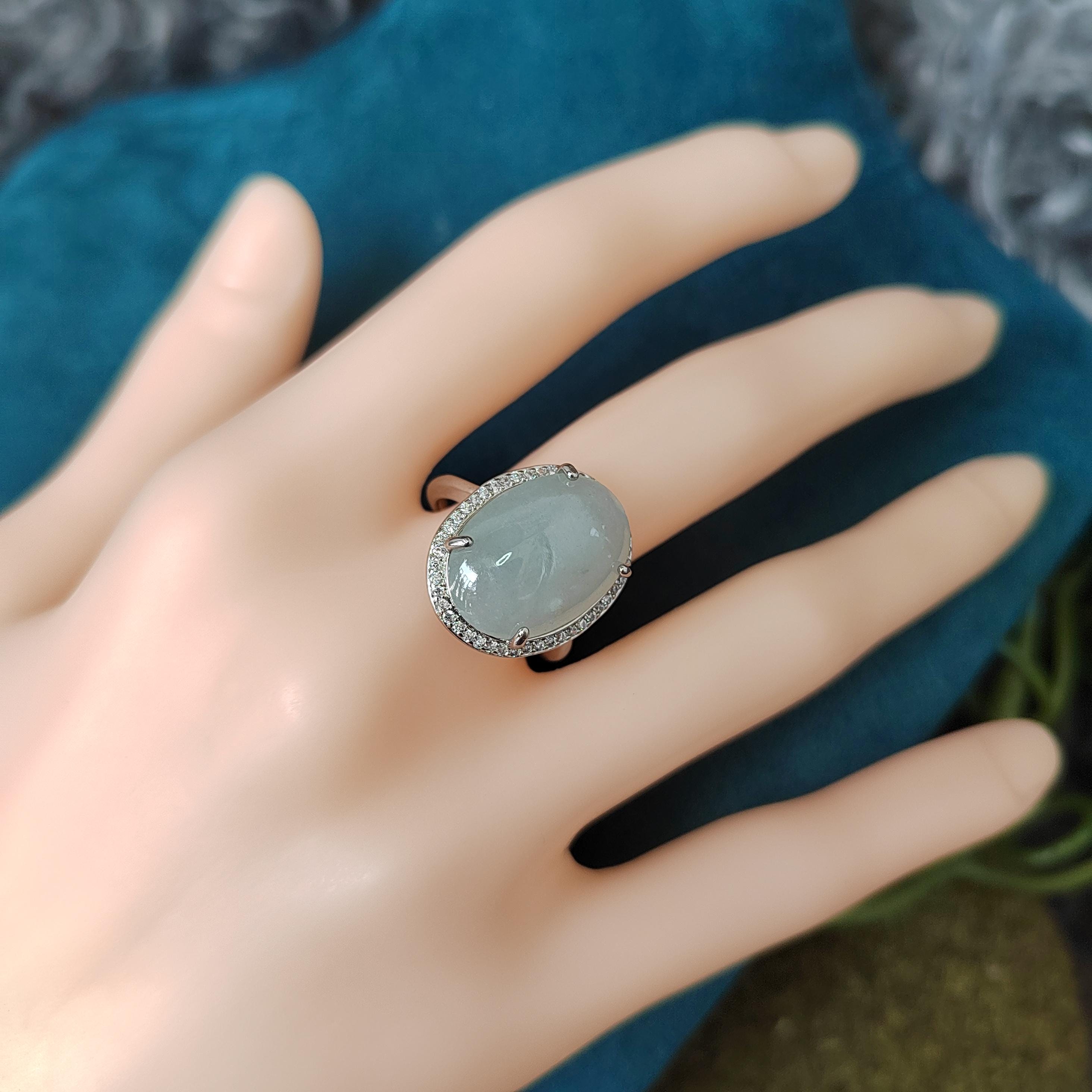 Burmese A-Grade Natural White Icy Blue Jadeite Ring | Floral Zirconia Adjustable SL085