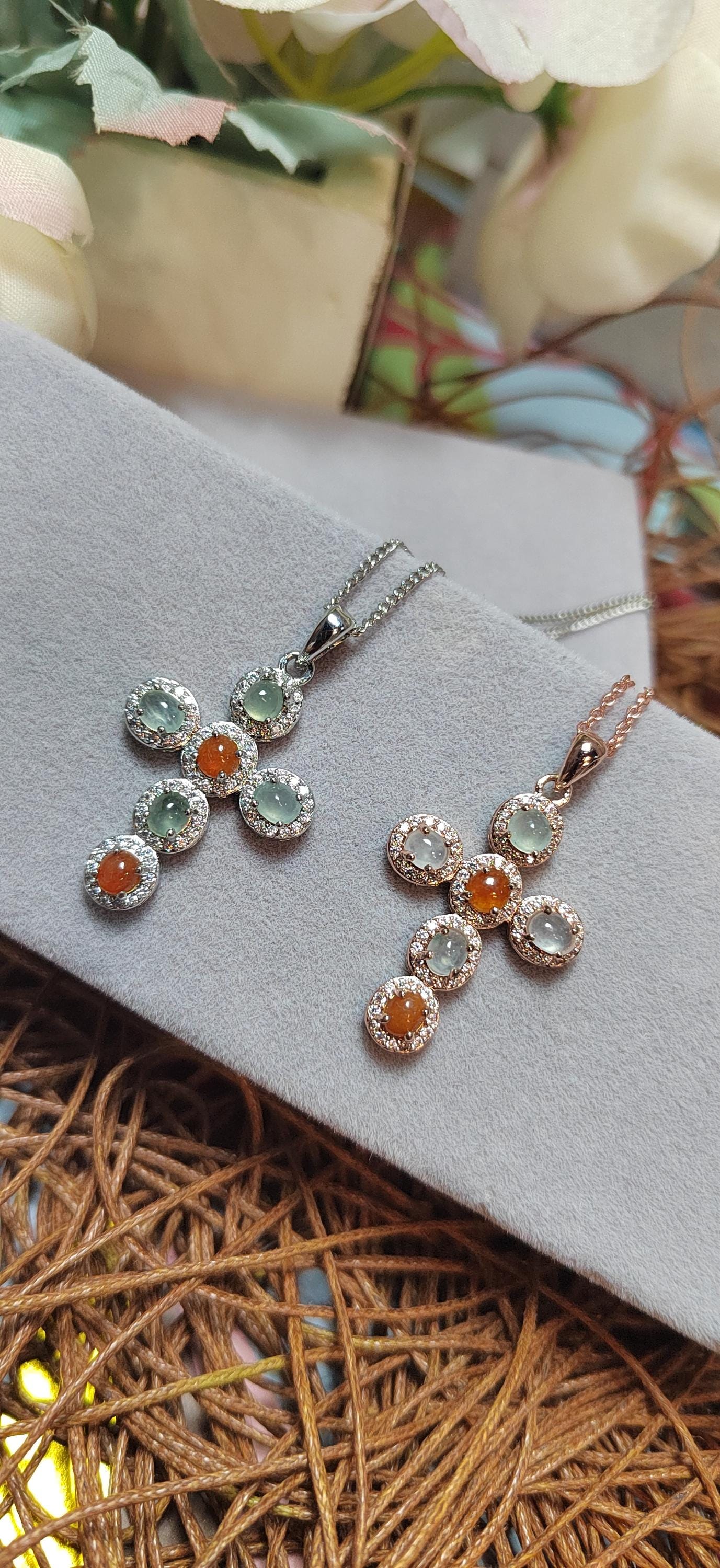 Natural Burmese Red/White Icy A Grade Jadeite Cross 925 Silver 18k Rose/White Gold Plated Zirconia Christian Cross Jewelry Set SL057 - SL Precious
