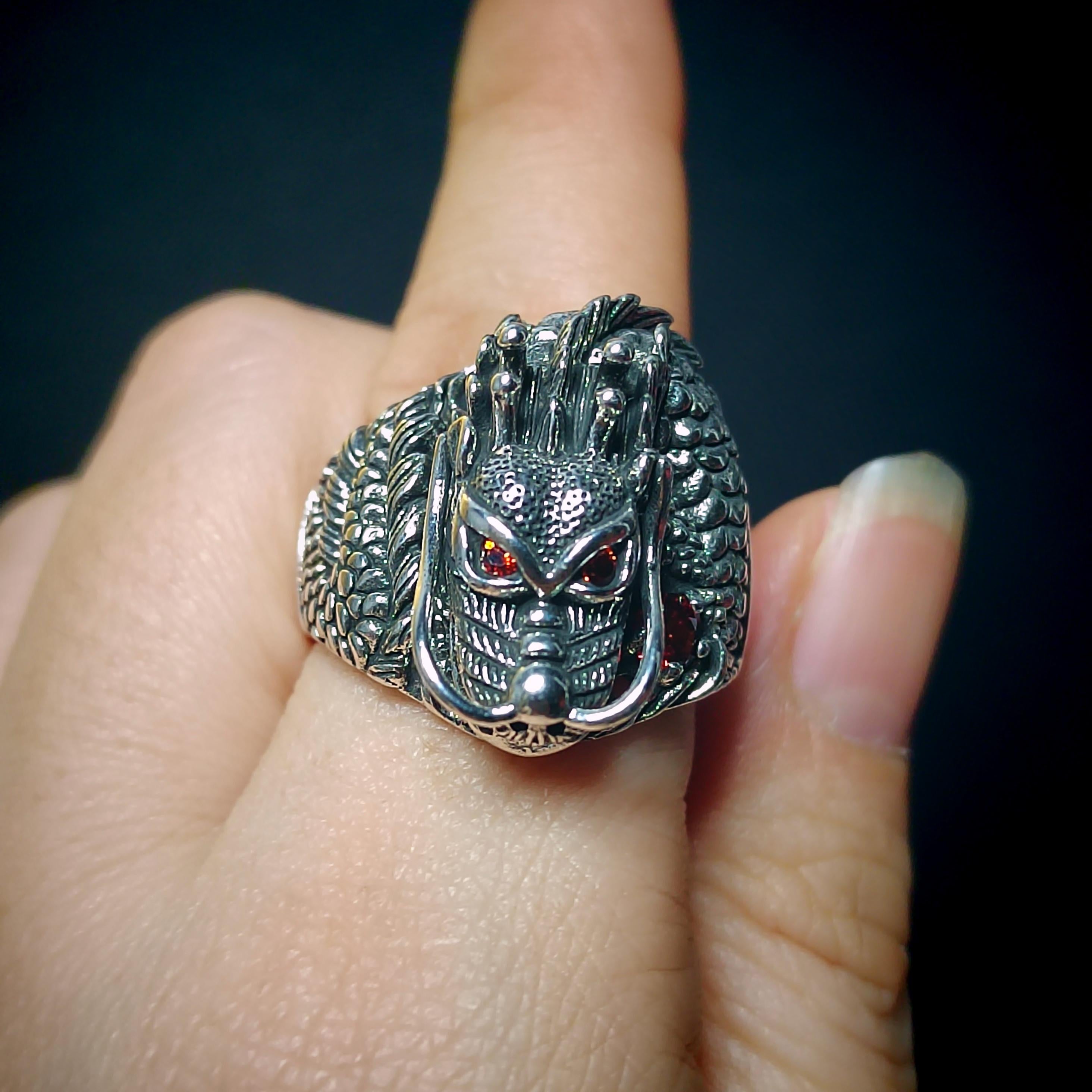 Large 925 Sterling Silver Dragon Ring | Red Zircon Accent | Thai Trend Design SL232 - SL Precious