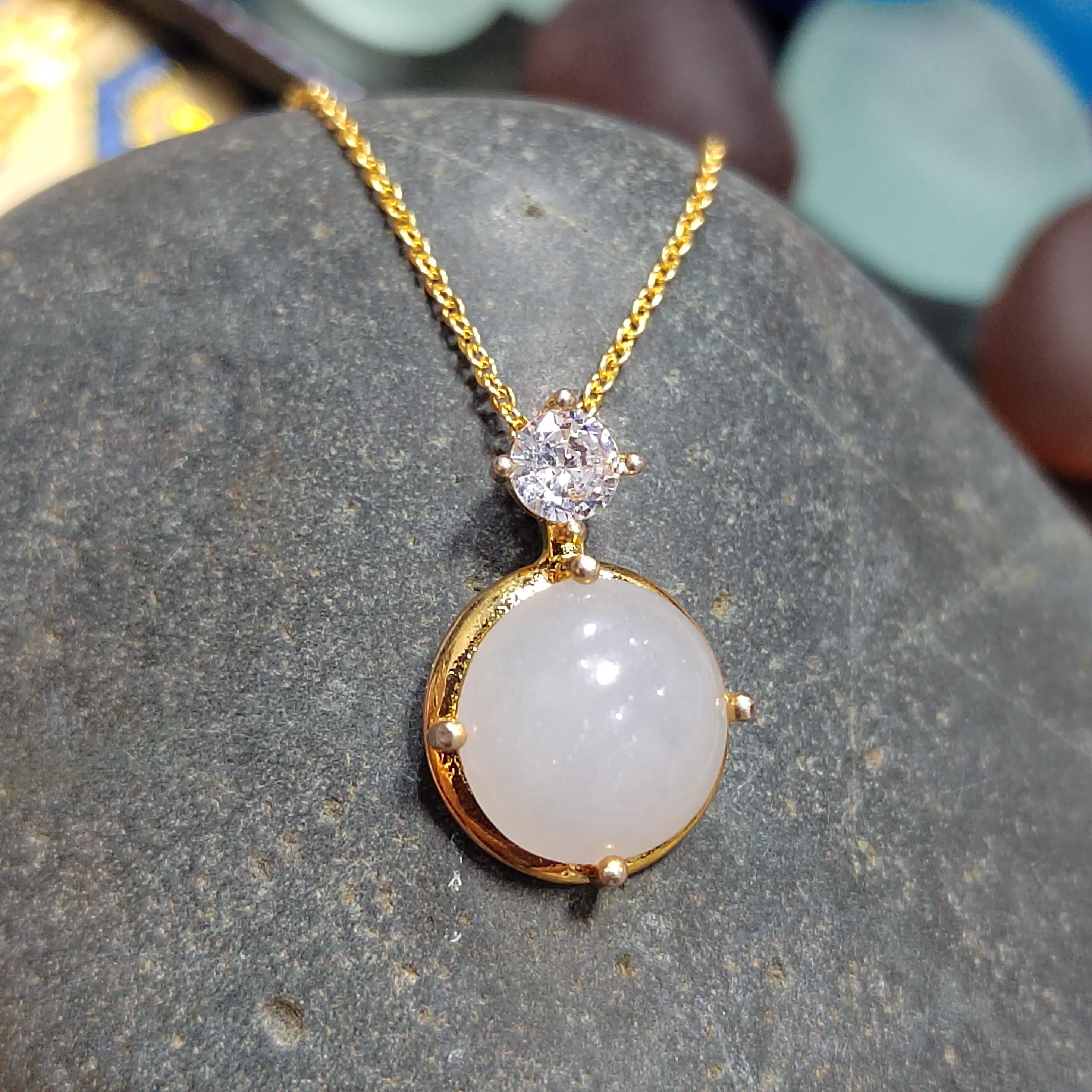 Certified Minimalist Pendant Elegant A-Grade Natural Untreated White Round Jadeite with Zirconia 18K Yellow Gold  Gift for Mom, Wife SL042 - SL Precious