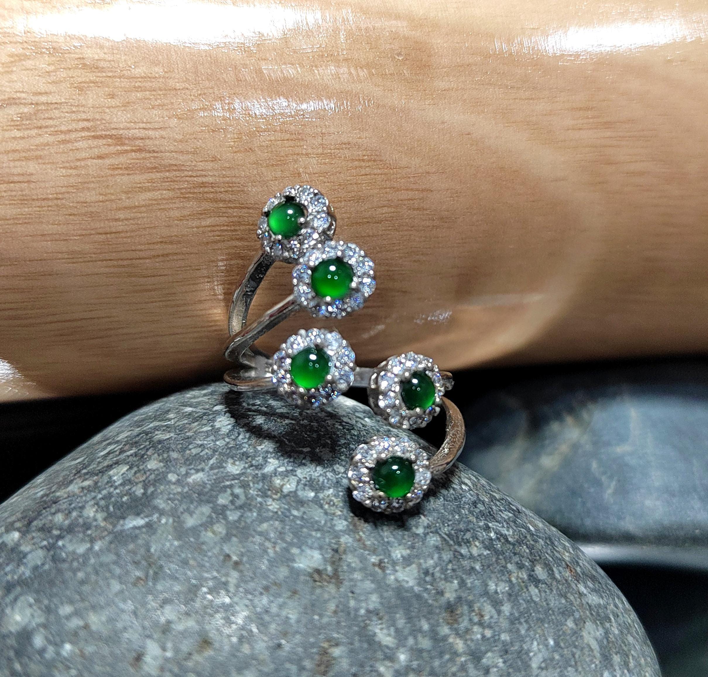 Certified Natural Untreated Guatemala Imperial Green 5pcs Flower Adjustable Design Zircon Set S925 Sterling Silver Jadeite Ring SL372