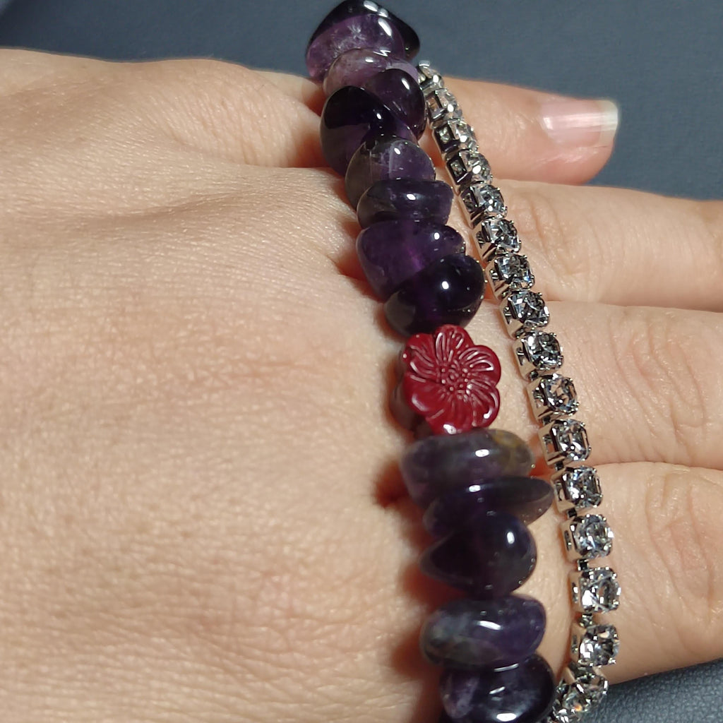 Natural Purple Amethyst Quartz Flower Cinnabar Uneven Beads Rhinestone Mix & Match Bracelet SL169 - SL Precious