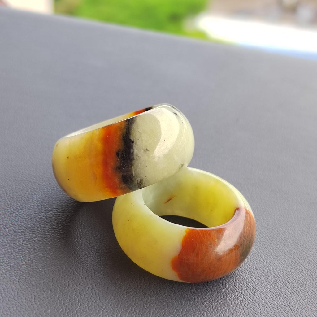 Natural China Xiuyu Jade Thumb Ring | Round Cut Oil Painting Design | Yellow Brown | Two Designs SL302 SL303 SL Precious