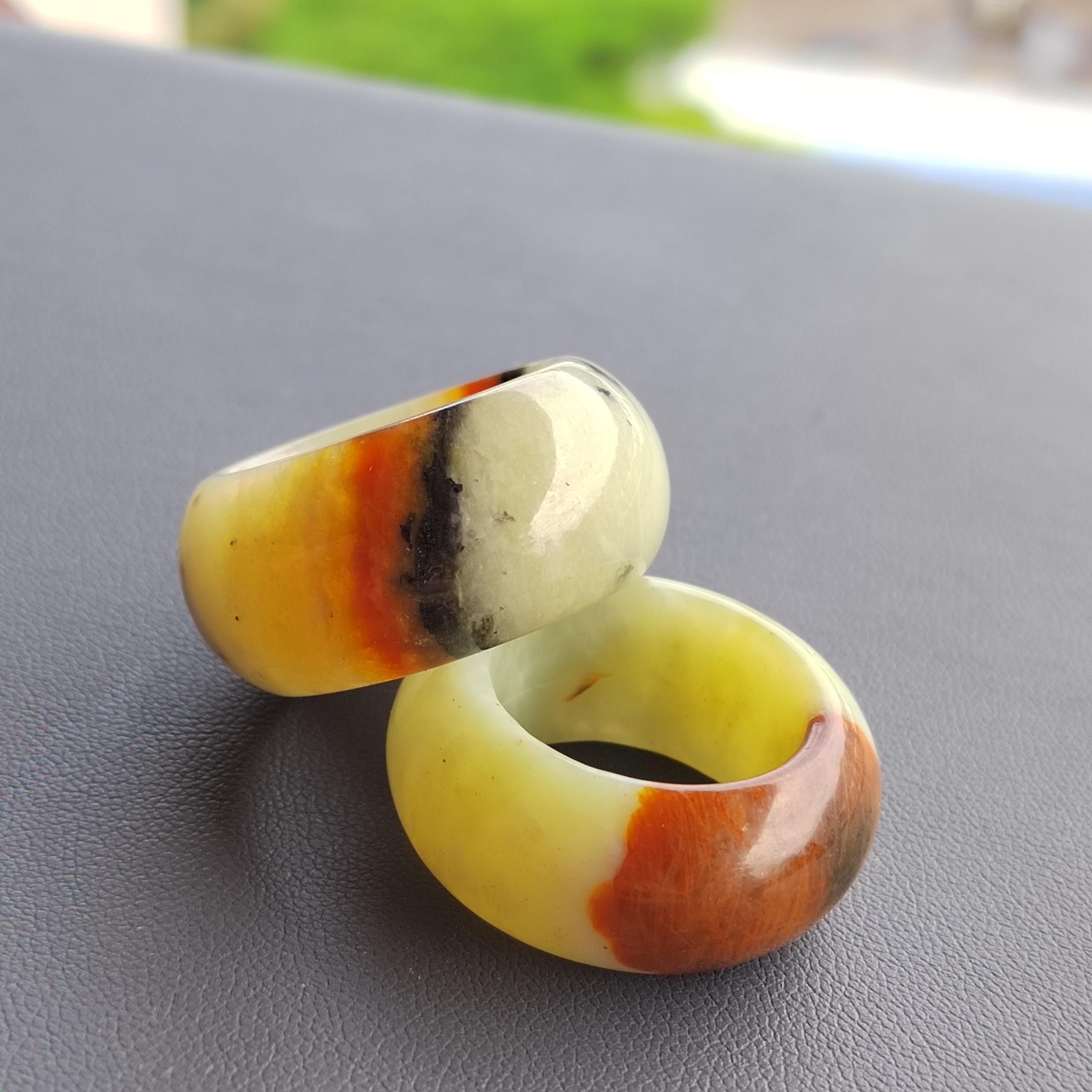 Natural China Xiuyu Jade Thumb Ring | Round Cut Oil Painting Design | Yellow Brown | Two Designs SL302 SL303 SL Precious