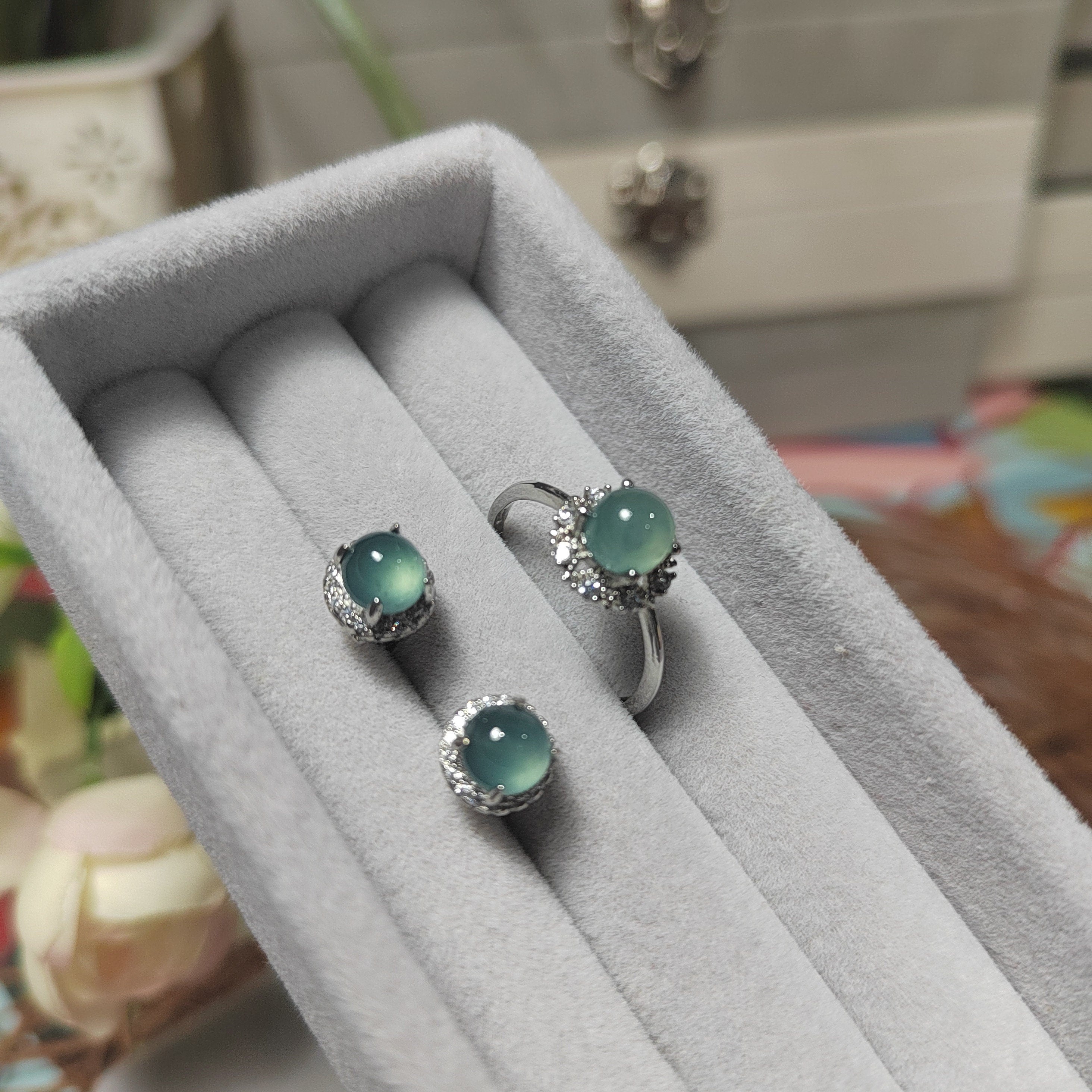 Round Ocean Blue 2pcs Set Earring & Ring Light Bump A Grade Natural Gemstone  Guatemala Jadeite For Her Minimalist SL075 - SL Precious