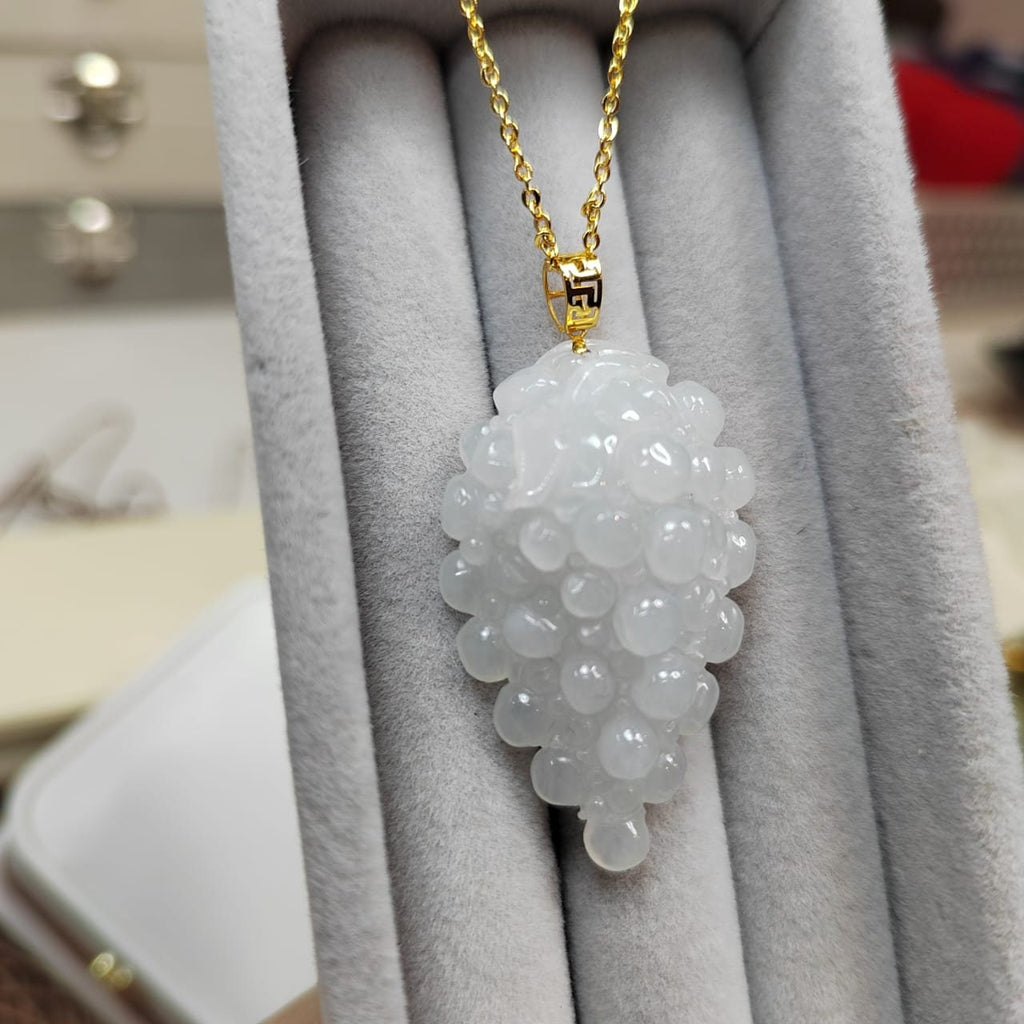 Certified Burmese Gemstone A-Grade White Icy Hand Carved Grape Shape Jadeite Pendant | 18k Solid Yellow Gold Buckle | Gifts For Her SL8020 - SL Precious