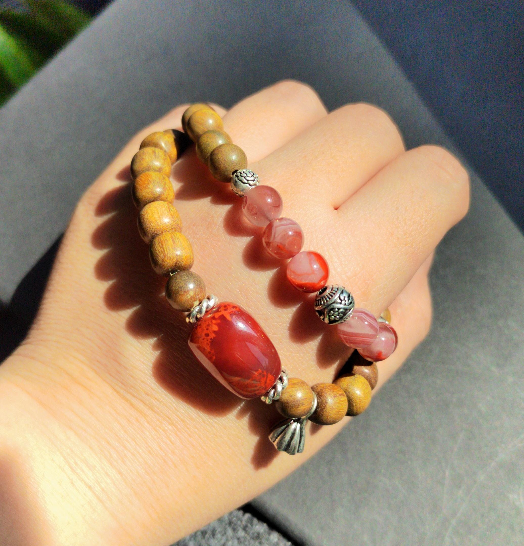 Nanhong Agate & Sandalwood Bracelet: 999 Silver Beads, Aromatherapy Jewelry SL403