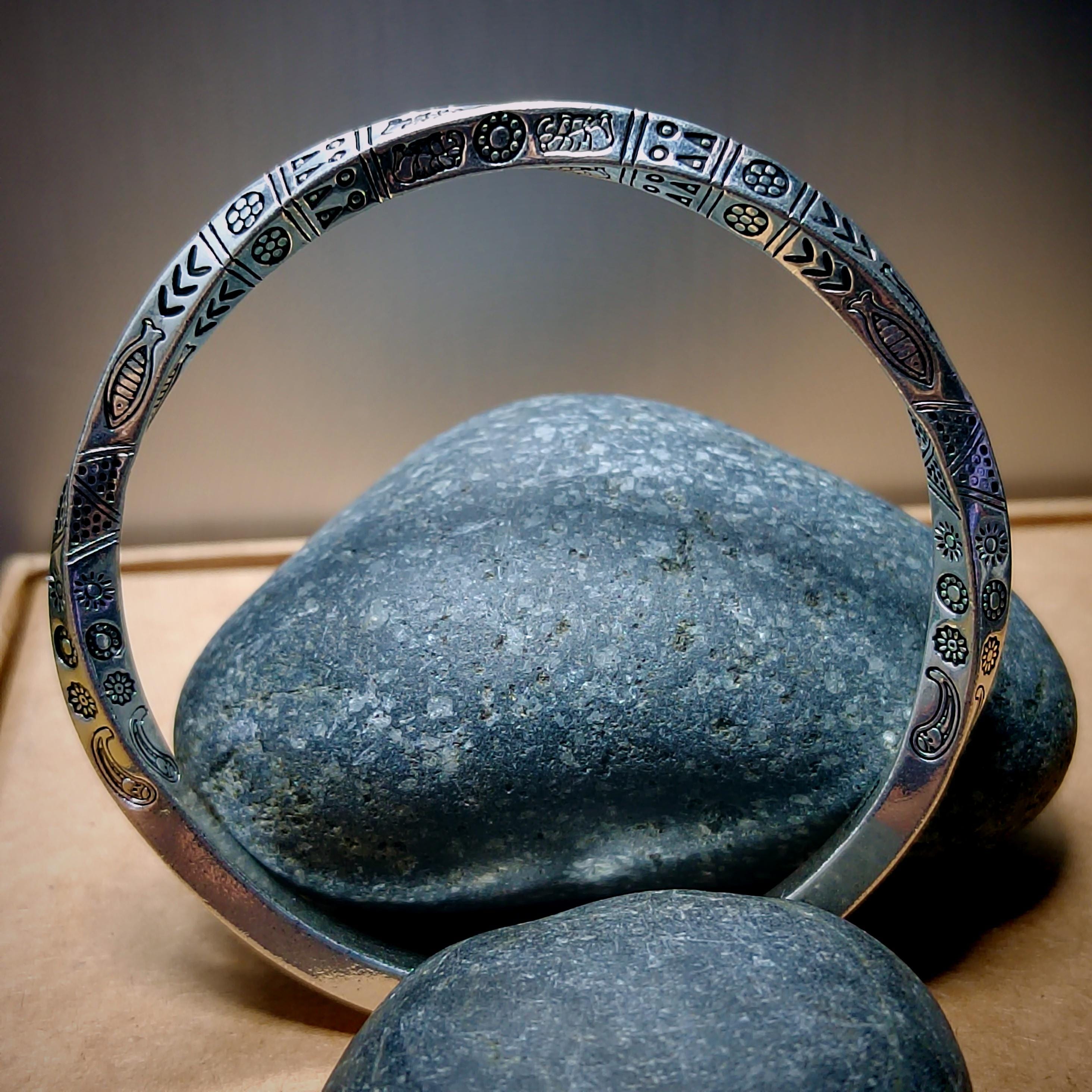 S9999 Silver Filled Vermeil Twitter Punk Bangle & Burmese Black Ink Jadeite Bead Bracelet | Vintage Unisex Gift Set SL237