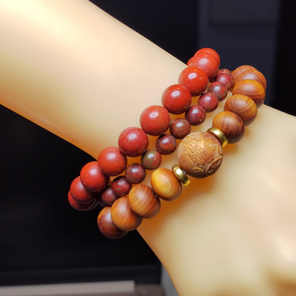 3pcs Set Aromatic Wood Bracelets with Wujia South Red Agate Accent |Ya Bai Thuja| Carved Cypress| Natural Aroma| Panwan Ready SL415