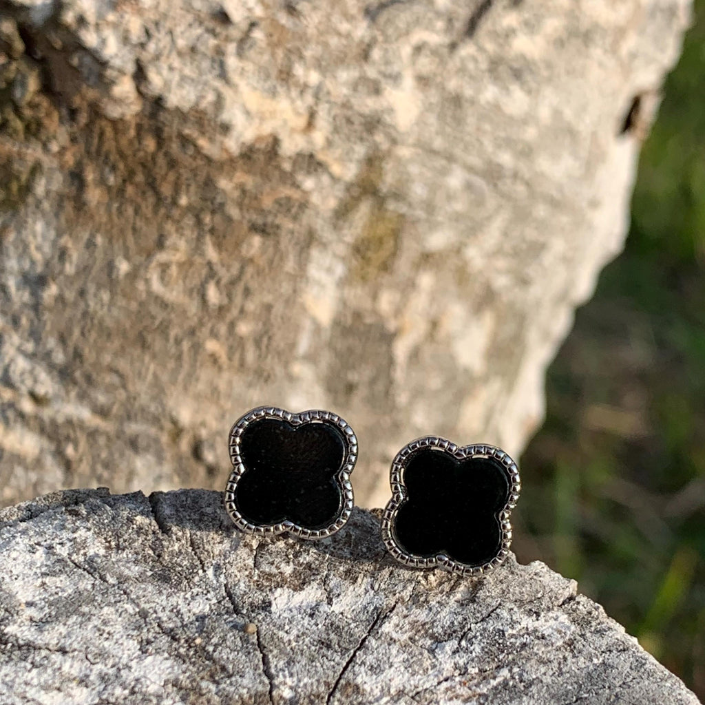 Certified A-Grade Minimalist Natural Untreated Burmese Black Ink Jadeite S925 Lucky Flower  Stud Earrings Jadeite SL257X16 - SL Precious