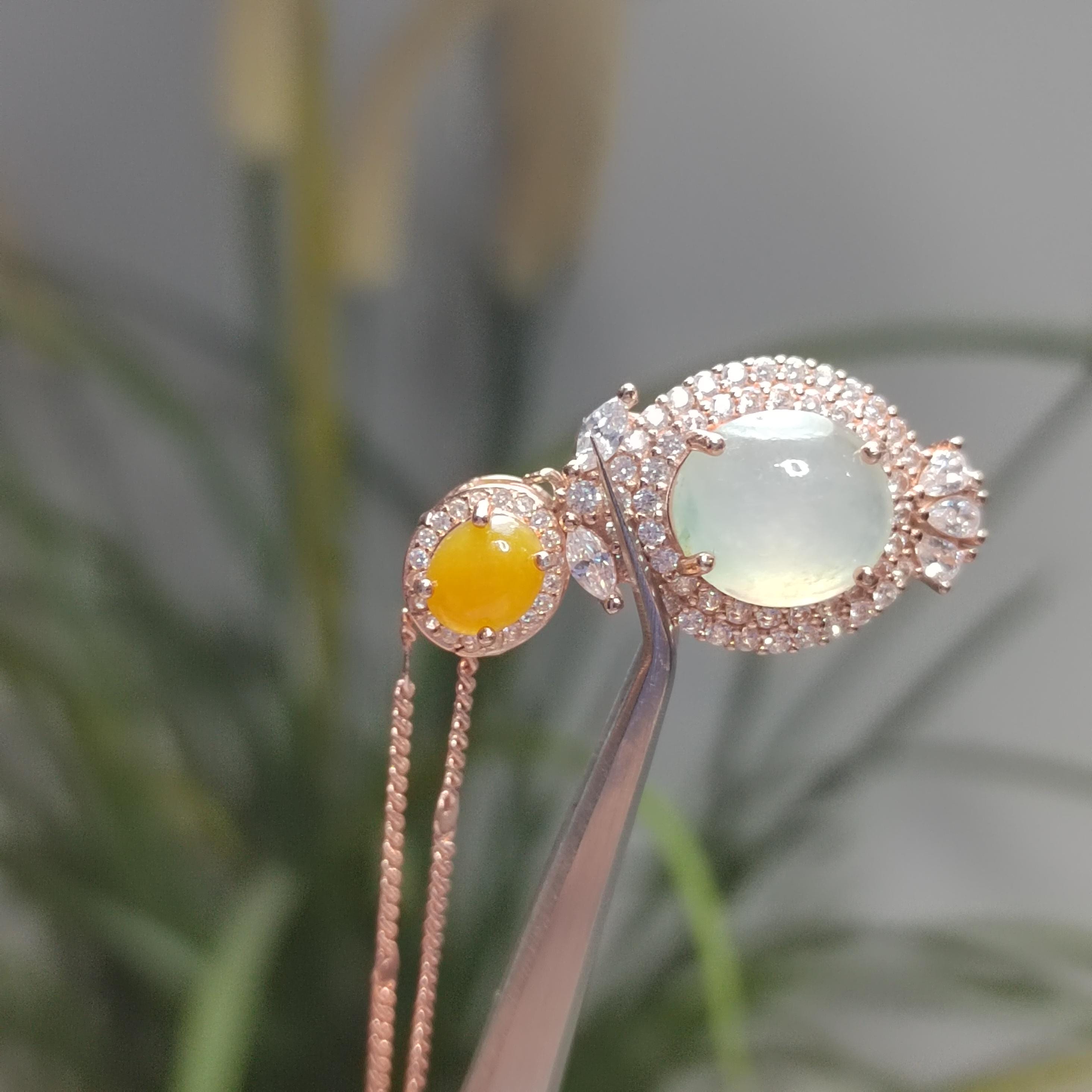 A Grade Women Natural Gemstone Untreated Burmese Yellow & Icy White Jadeite Pendant 925 Sterling Silver with 18k Rose Gold Plated SL094