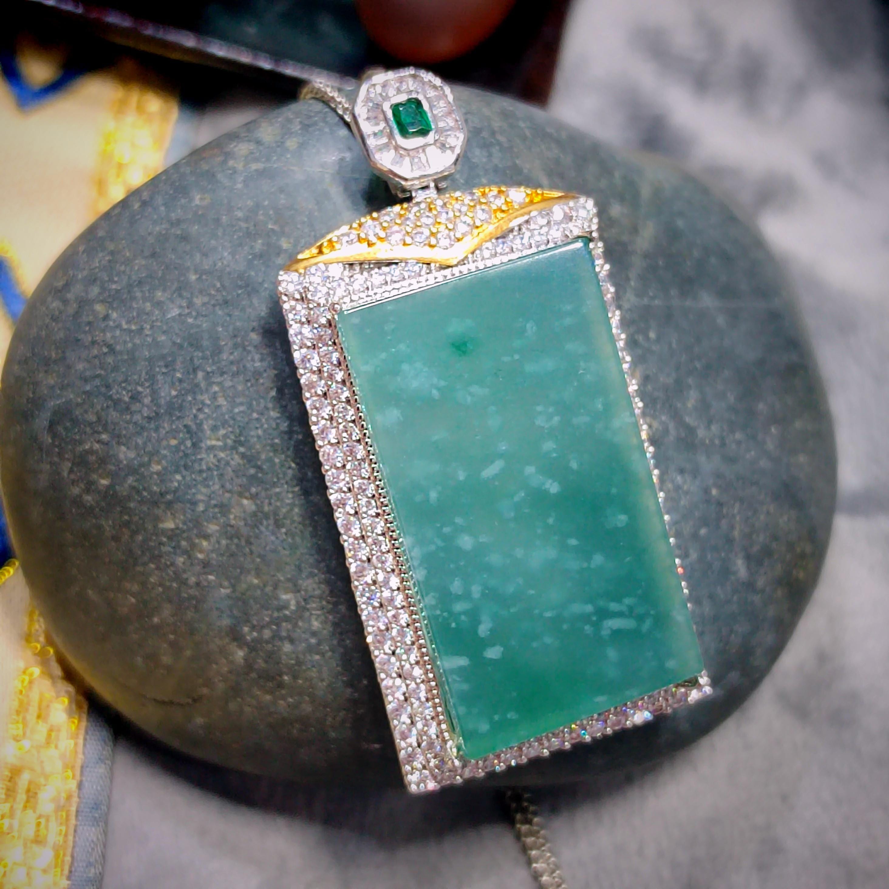 Elegant Guatemala Gemstone Pendant with Icy Snow Flower Blue/Green Jadeite - Unisex 18k Gold Plated Design SL119