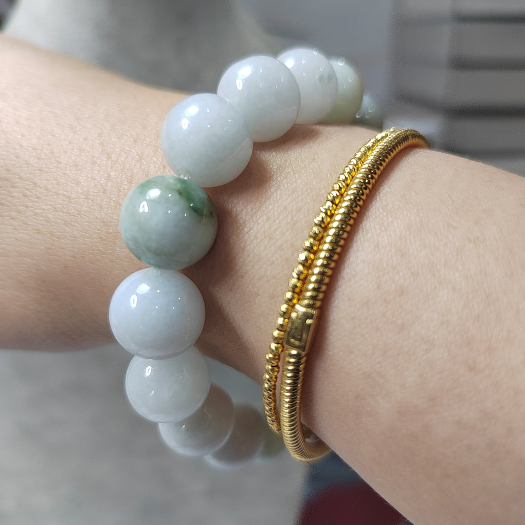 Natural Untreated Burmese Jadeite Bead Bracelet | Icy White, Apple Green, Yellow Mix | Round Beads | SL104 - SL Precious