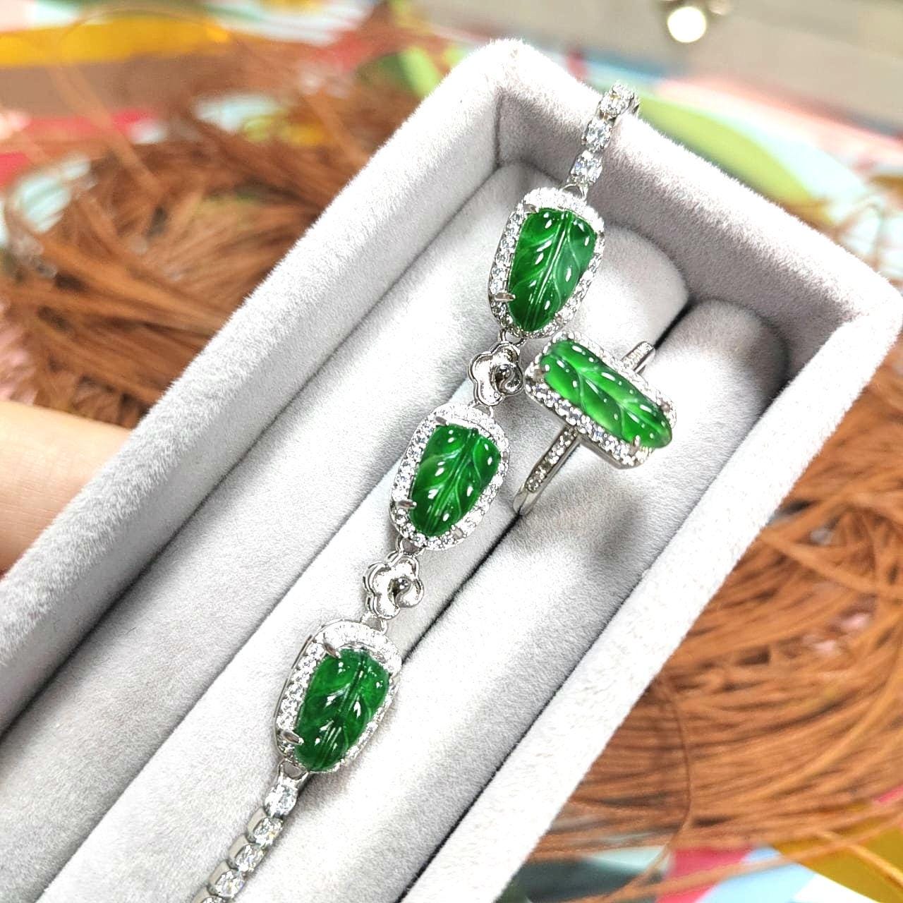 Luxury 2pcs Set A-Grade Imperial Green Guatemalan Leaf Jadeite 925 Silver Ring & Bracelet, Elegant Gift for Her SL033 - SL Precious