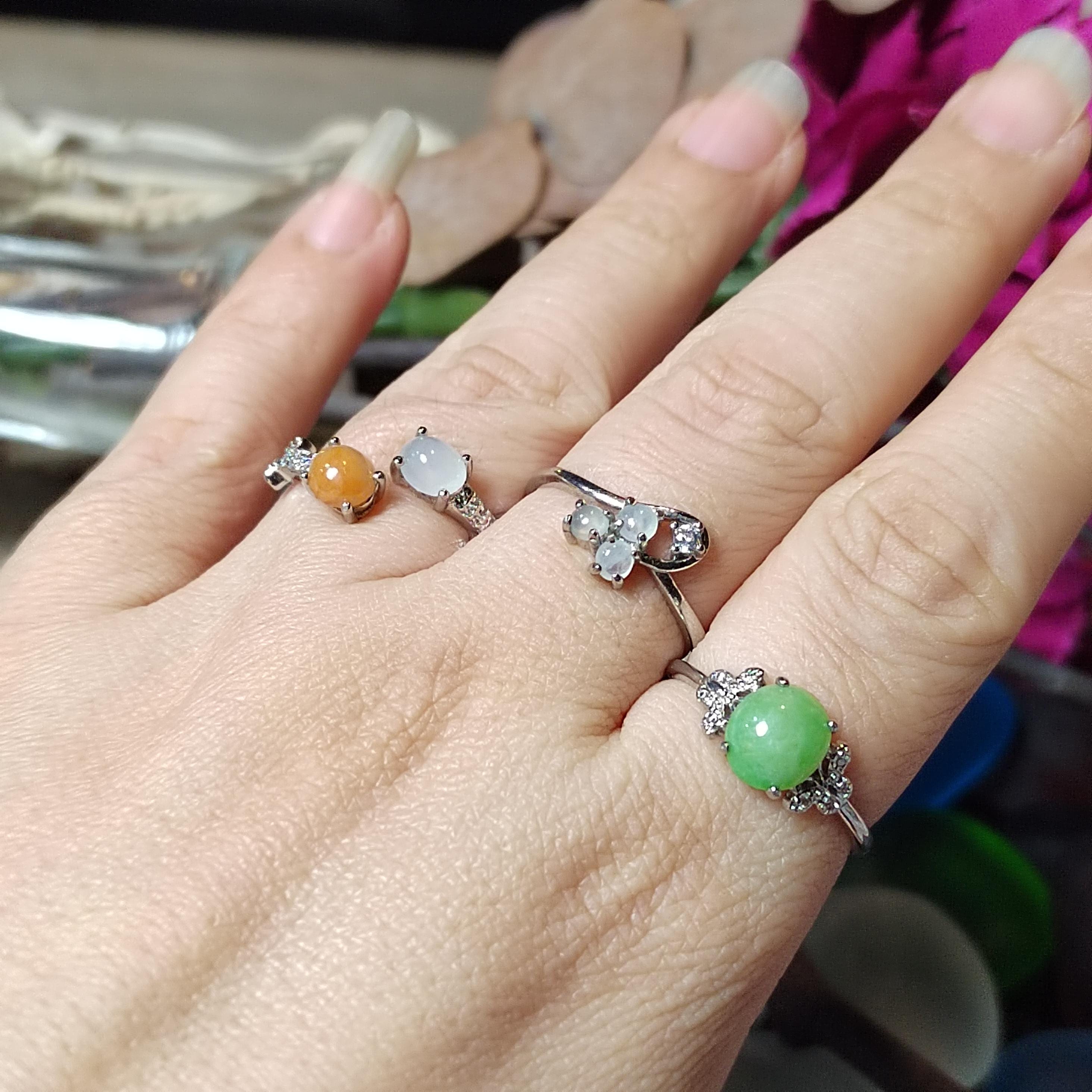 3pcs Set Natural Untreated Burmese Jadeite Rings | Imperial Green Orange Icy White | S925 Silver | Free Shipping SL407