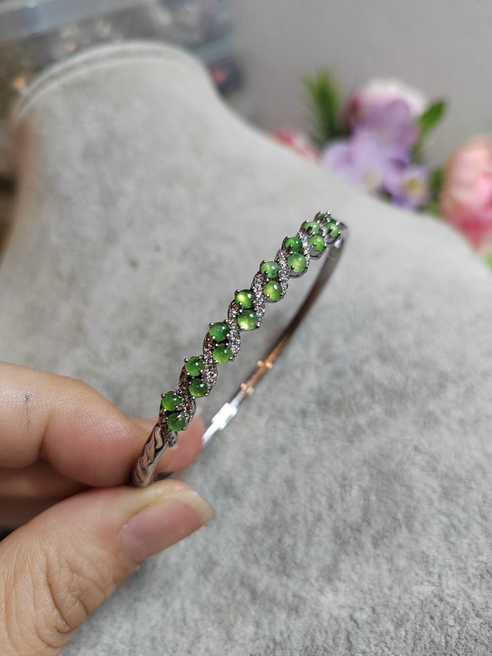 Sterling Silver Burmese Jadeite Bangle: Green Apple Zirconia Bracelet SL8013B - SL Precious