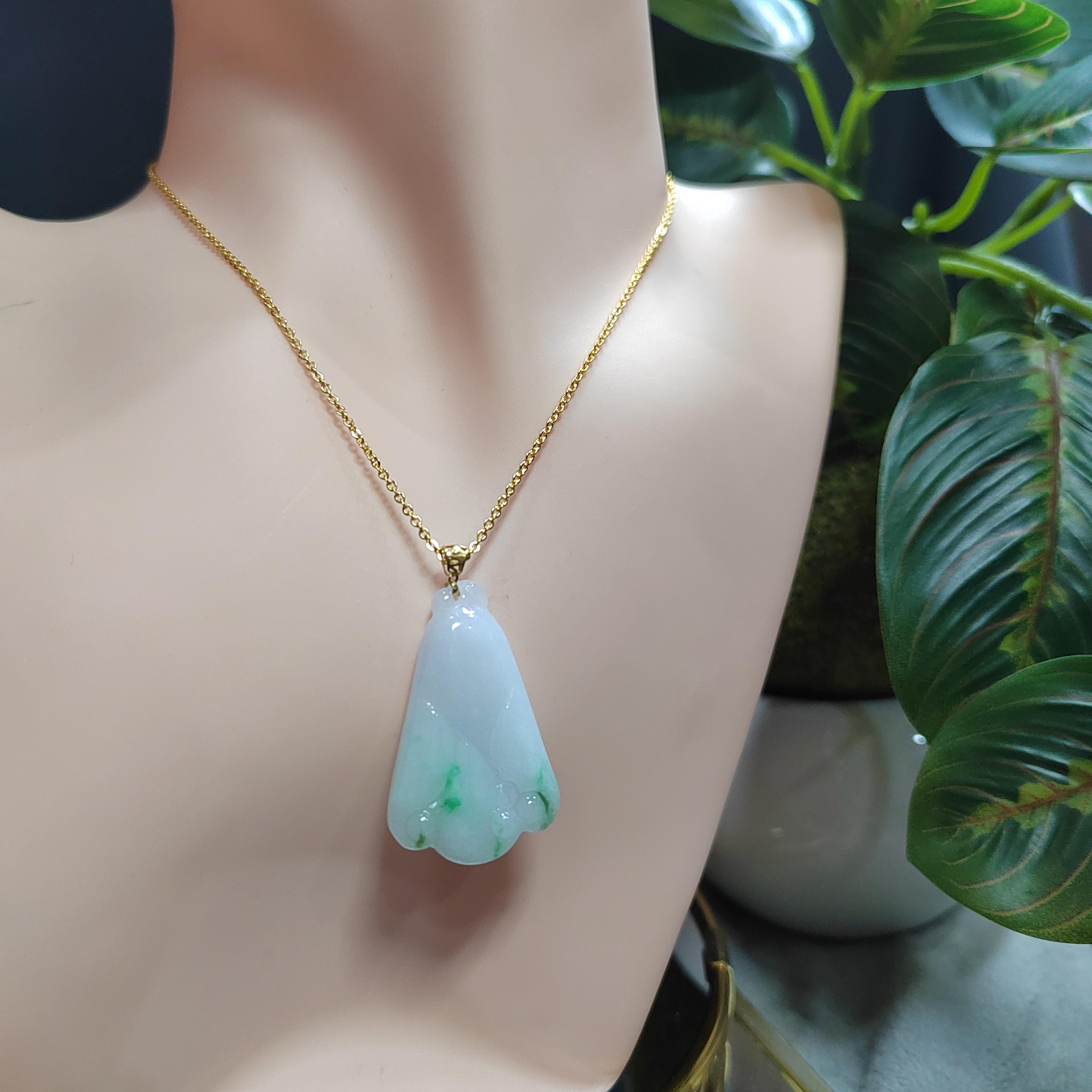 Certified Burmese Natural Untreated Light Green Flower Shape Jadeite 18K Solid Gold Buckle Pendant Jewelry For Best Friend, Mom, Wife SL016 - SL Precious