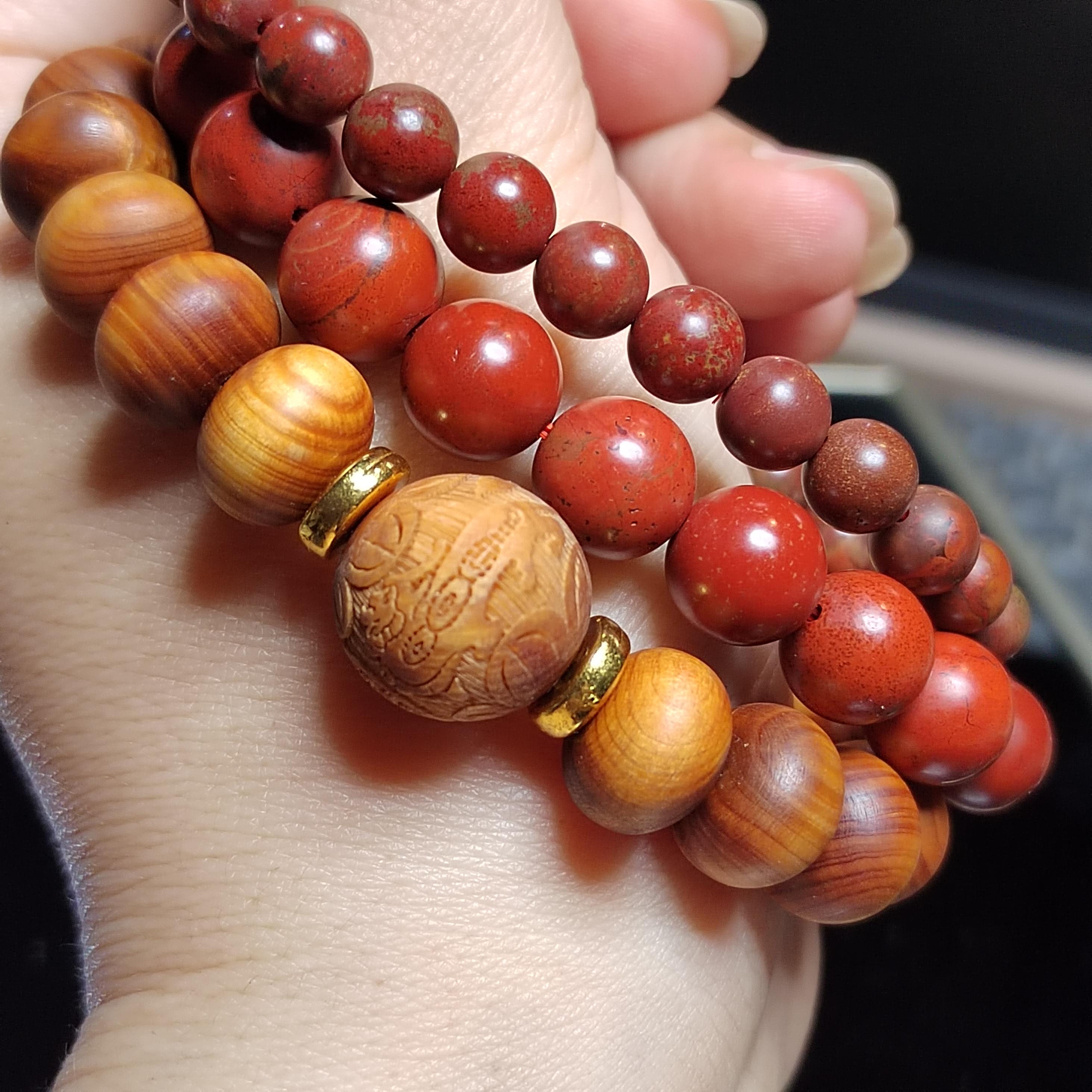 3pcs Set Aromatic Wood Bracelets with Wujia South Red Agate Accent |Ya Bai Thuja| Carved Cypress| Natural Aroma| Panwan Ready SL415