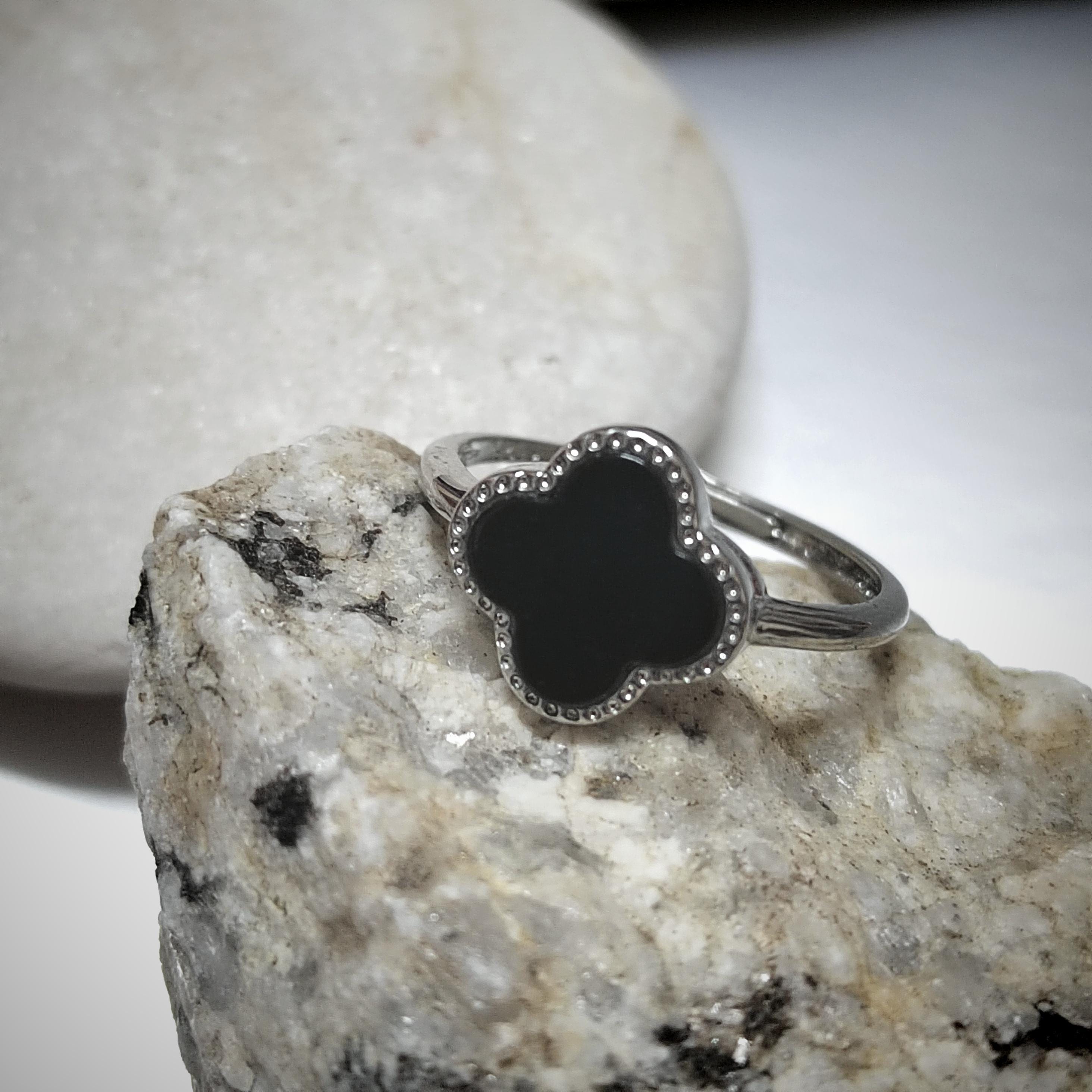 Certified Minimalist A-Grade Natural Untreated Burmese Black Ink Jadeite S925 Sterling Silver Lucky Flower Ring For Her SL255X14 - SL Precious