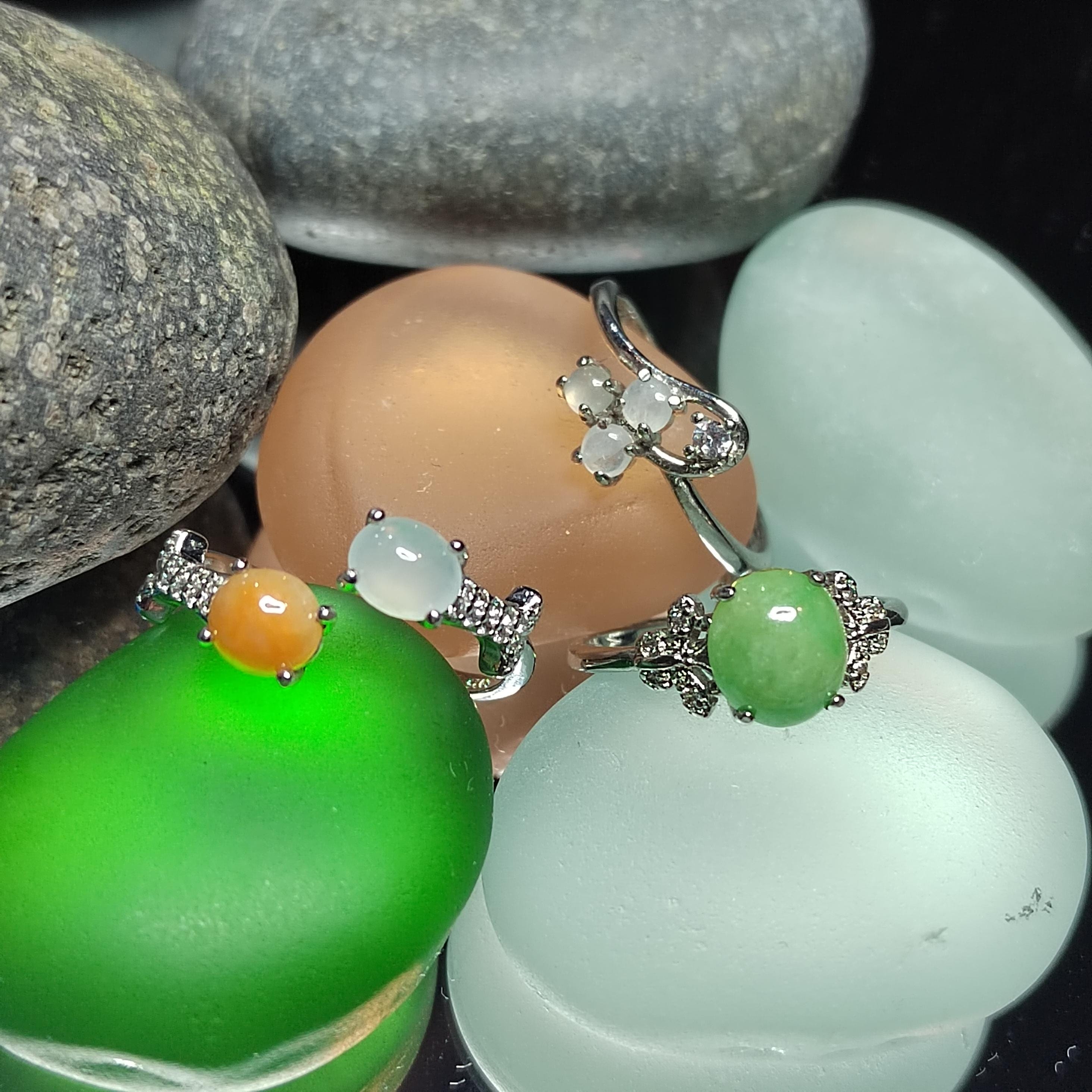 3pcs Set Natural Untreated Burmese Jadeite Rings | Imperial Green Orange Icy White | S925 Silver | Free Shipping SL407