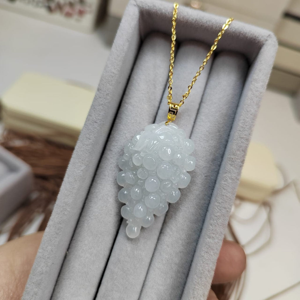 Certified Burmese Gemstone A-Grade White Icy Hand Carved Grape Shape Jadeite Pendant | 18k Solid Yellow Gold Buckle | Gifts For Her SL8020 - SL Precious