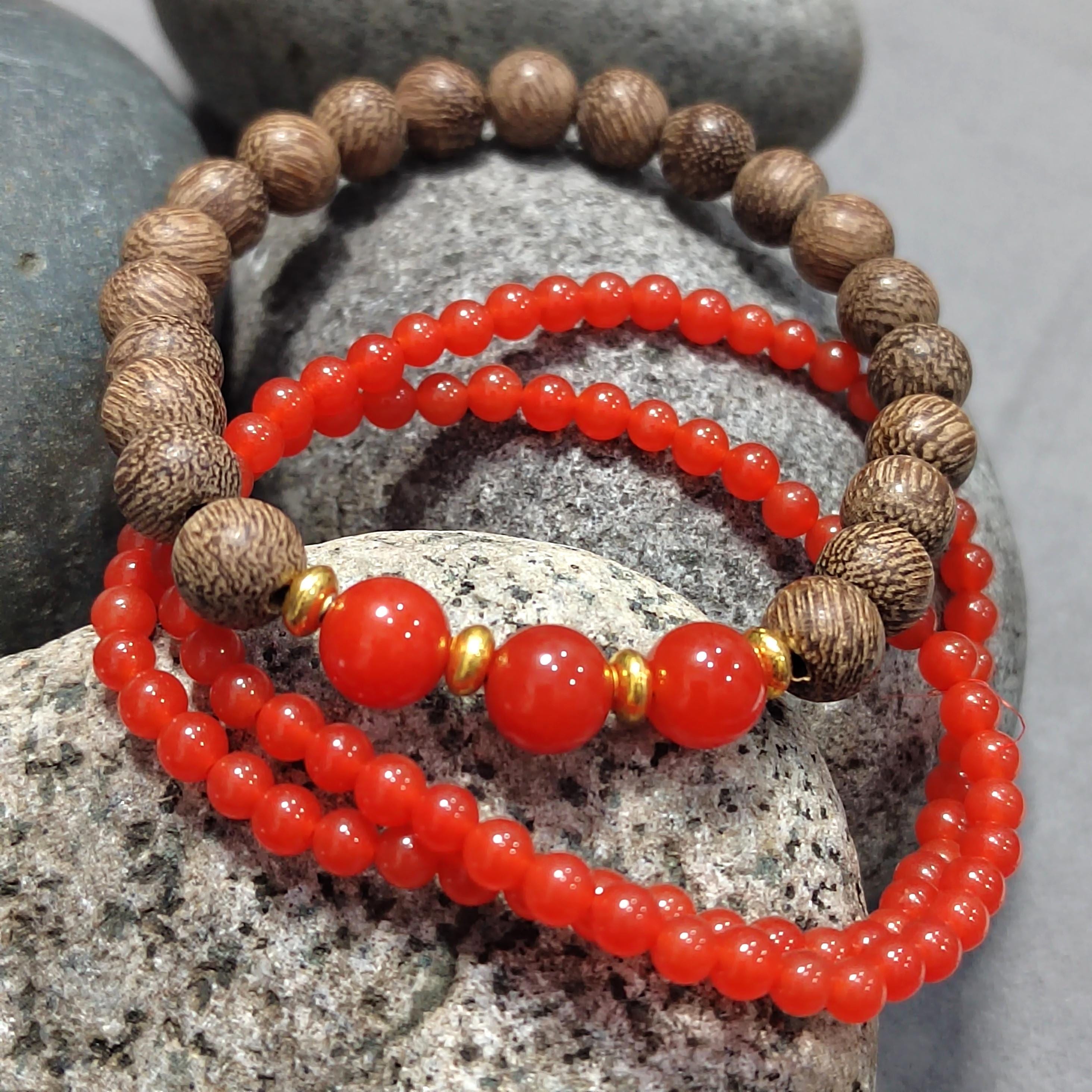 Natural Yunna Baoshan Persimmon Icy Red Nanhong Agate| Natural Agarwood Bead Bracelet 2pcs Set Stacked Design SL393