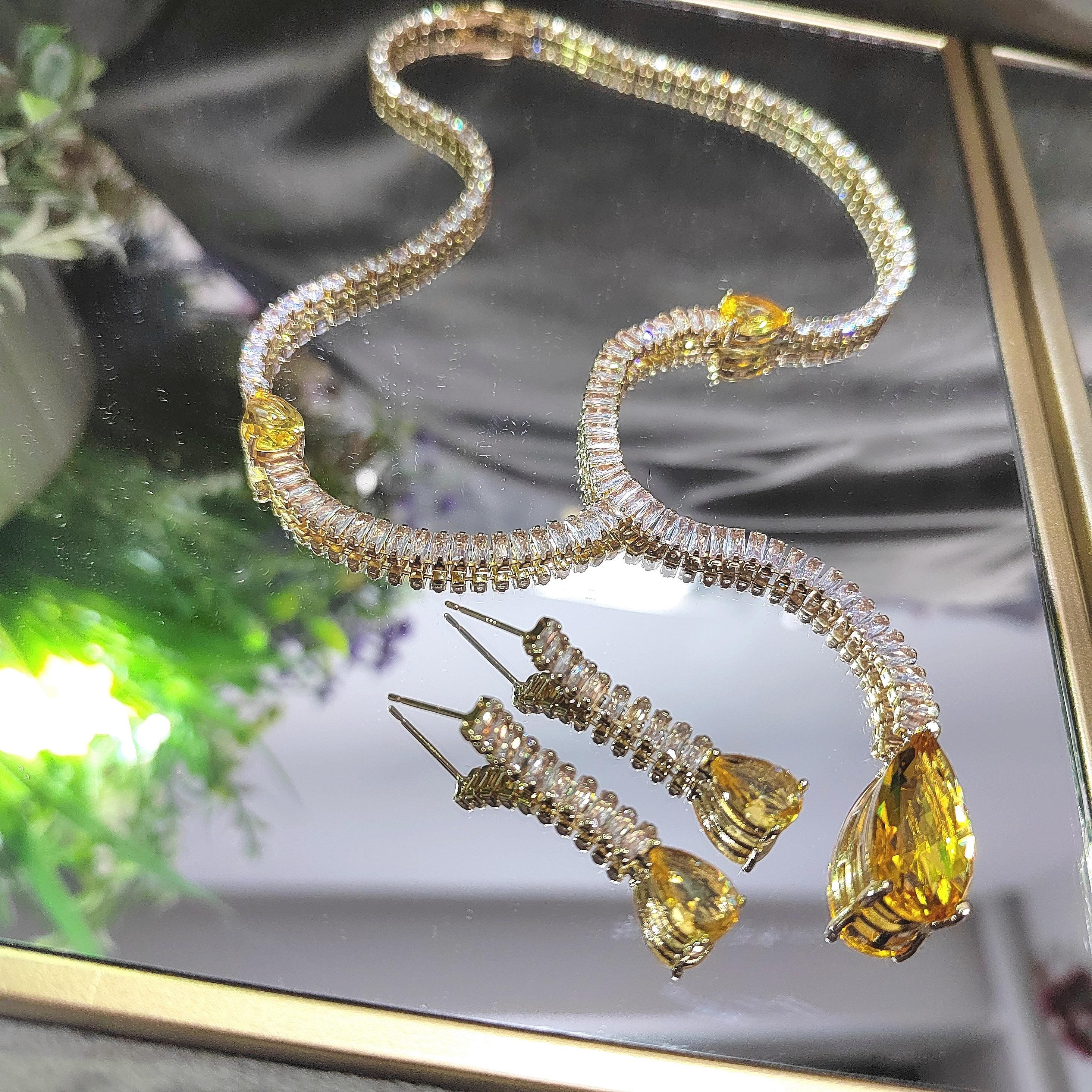Elegant White and Yellow Zircon Jewelry Set Necklaces & Earrings for Her - Perfect for Celebrations and Special Occasions SL159 - SL Precious
