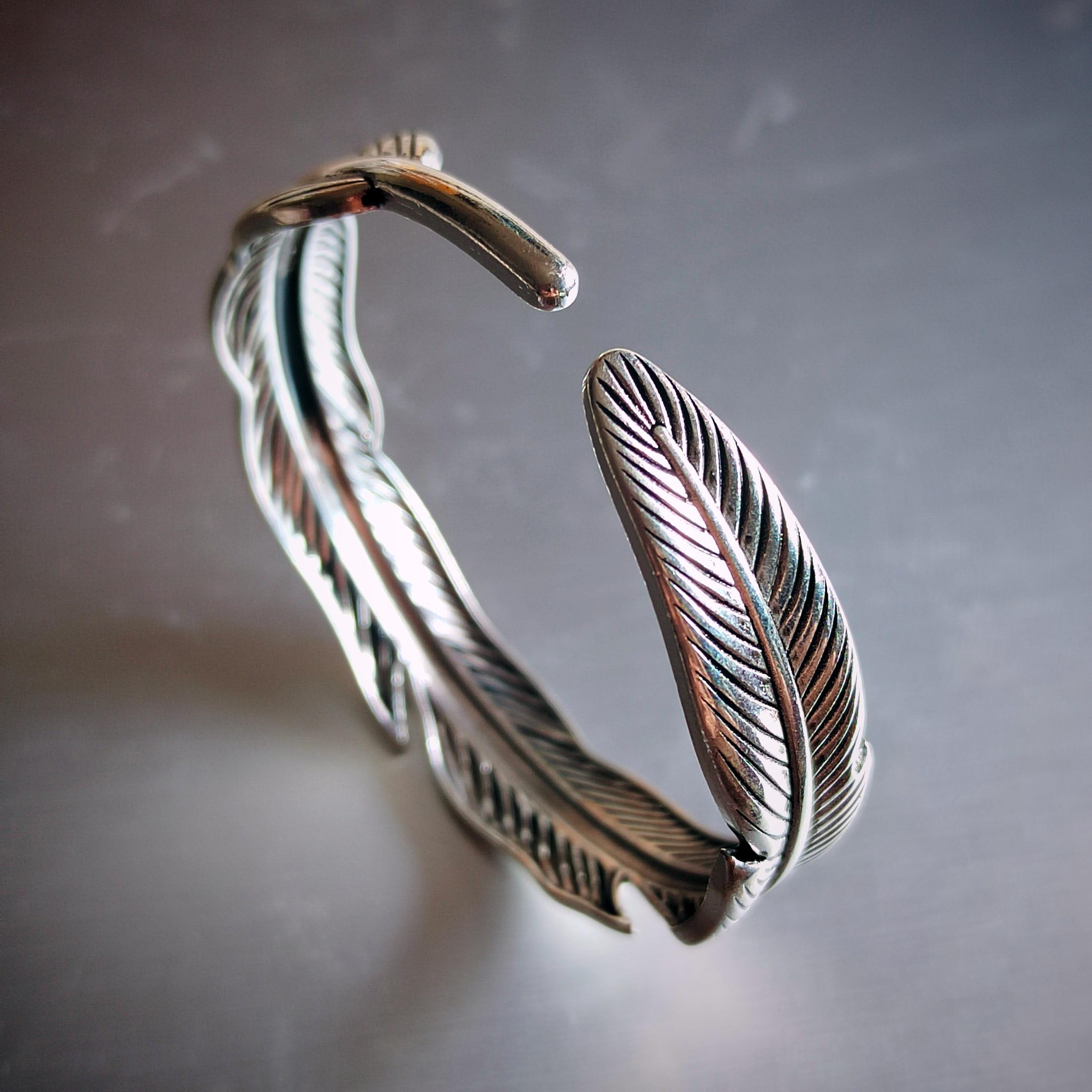 S9999 Silver Filled Vermeil Feather Cuff Bangle | Thai Vintage Trend | Unisex Adjustable Bracelet | Gift Jewelry SL337