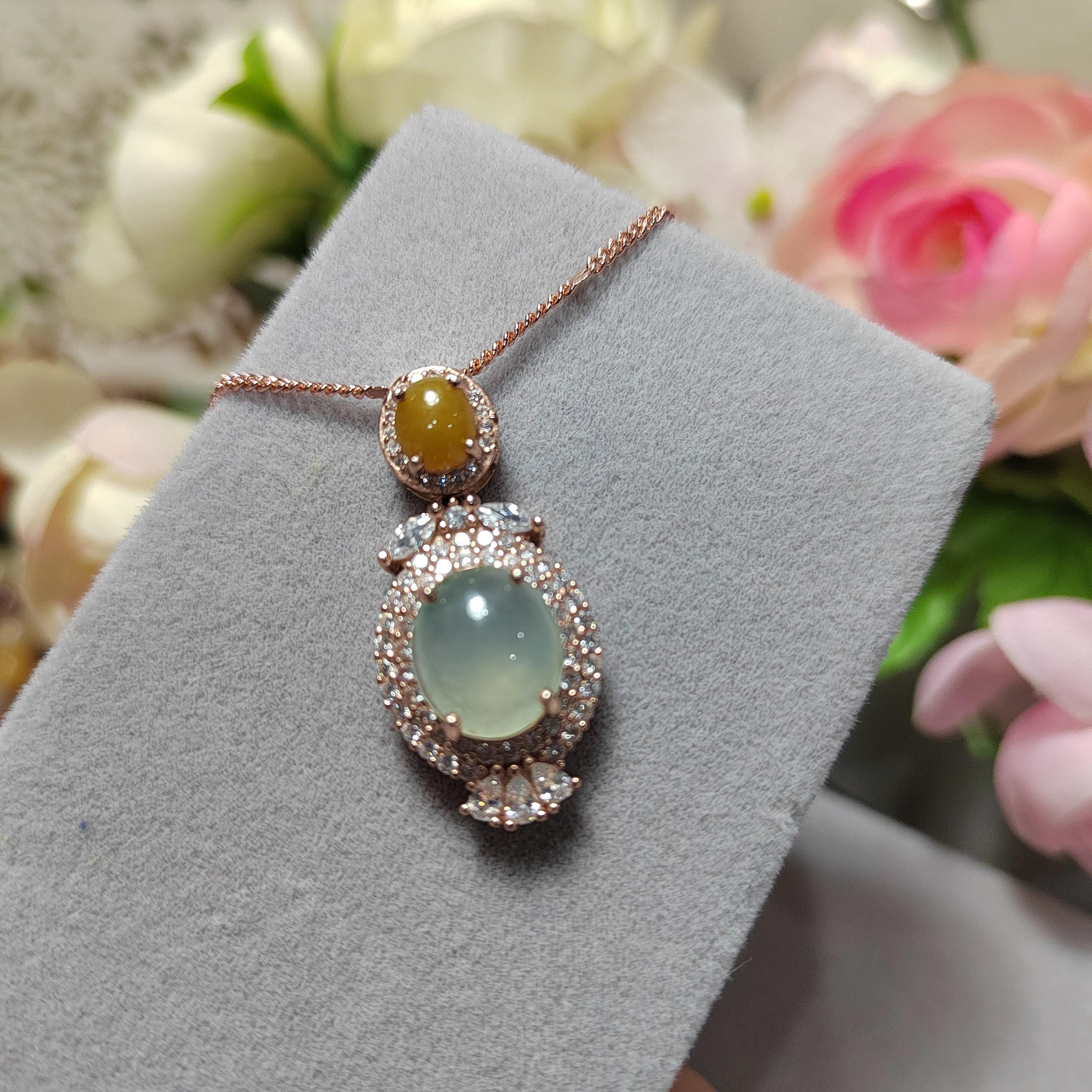 A Grade Women Natural Gemstone Untreated Burmese Yellow & Icy White Jadeite Pendant 925 Sterling Silver with 18k Rose Gold Plated SL094