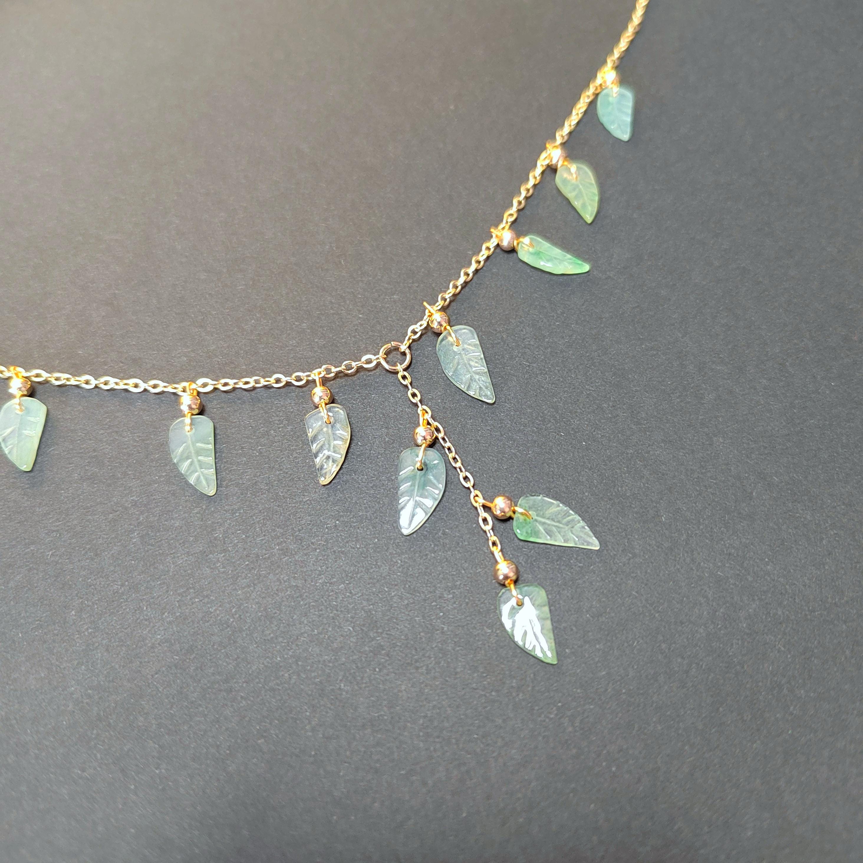 Certified A-Grade Natural Untreated Burmese Leaf Carved 14k GF Set V Shape Drop Design Necklaces | Any Occasion | For Her SL291