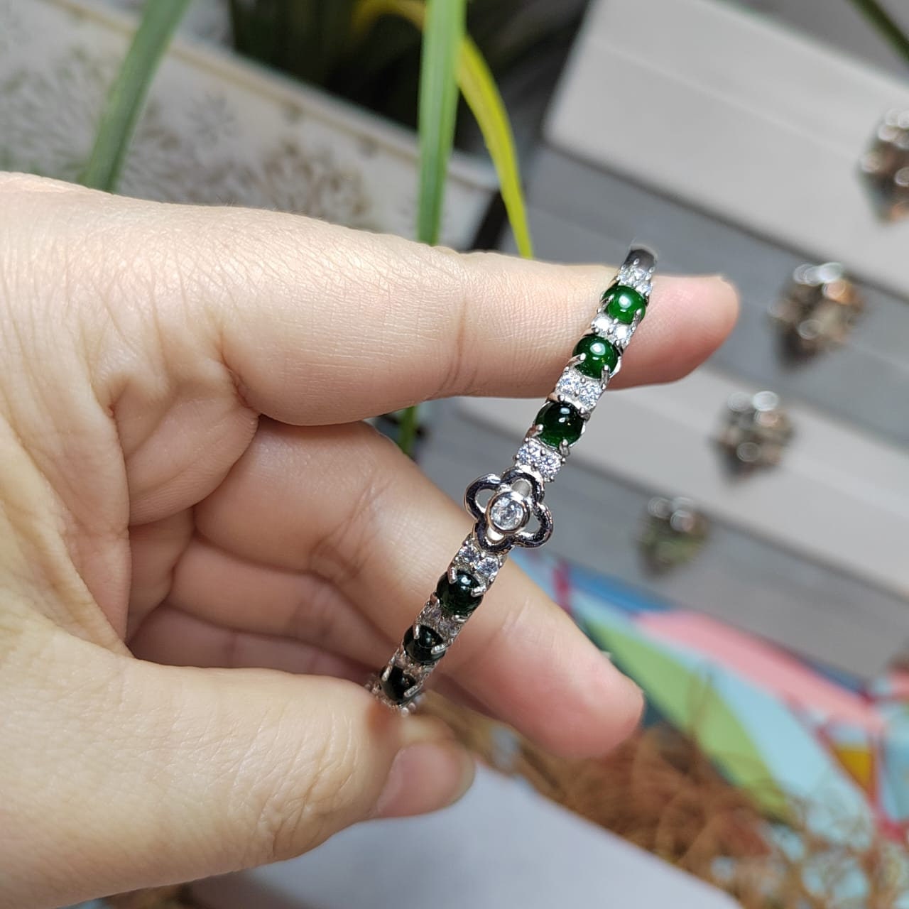 6 Spherical Dark Green Guatemala Jadeite & Zirconia Bangle | 925 Silver | Elegant Design SL037