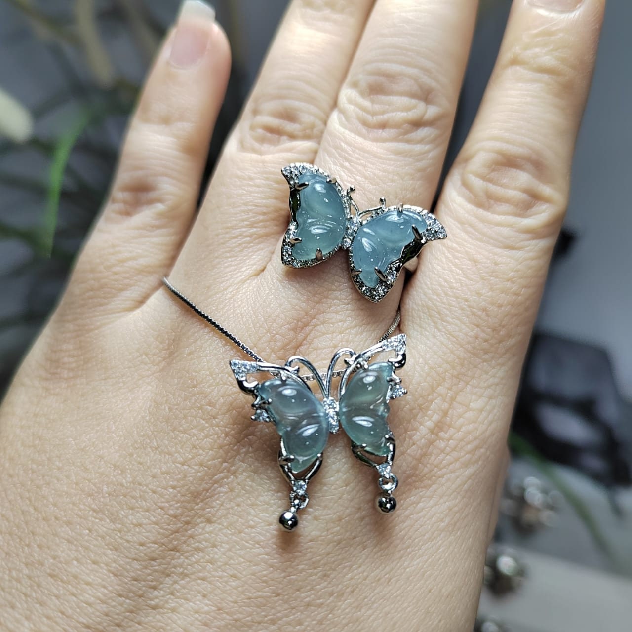 Natural Untreated Guatemala A-Grade Ring & Necklace Set Guatemala Natural Icy Ocean Blue Jadeite "Butterfly" Pendant on 18k White Gold Plate - SL Precious