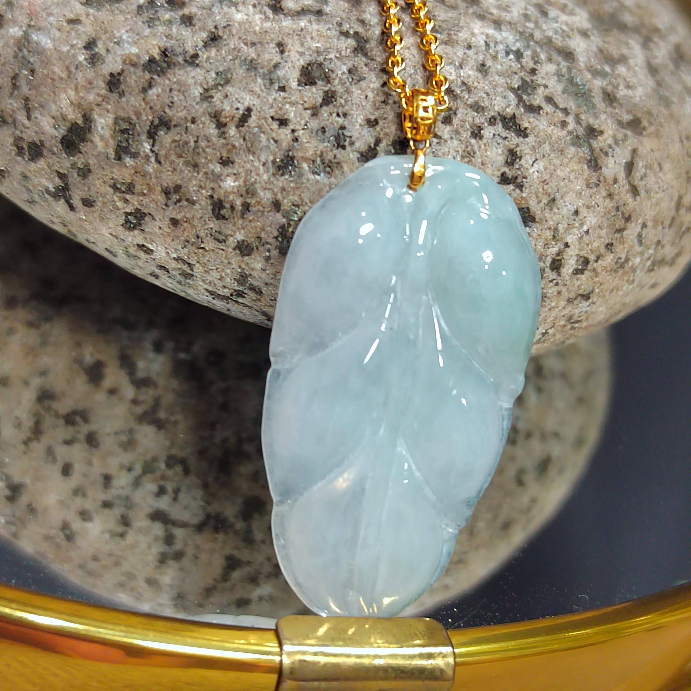 Certified Natural A-Grade Untreated Burmese Icy  Snow White| Green 雪花棉Leaf Jadeite Pendant | 18K Solid Gold Setting SL023 - SL Precious