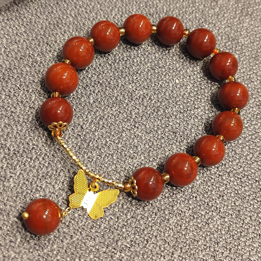 Elegant Certified Natural Ox Blood Southern Nanhong Agate 14k Plated Bead Bracelet - Gifts for Her SL324