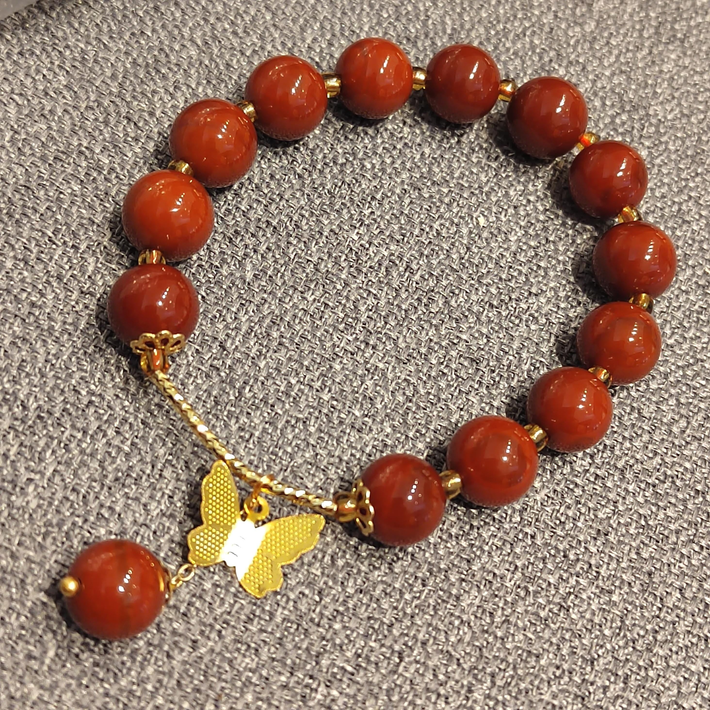 Elegant Certified Natural Ox Blood Southern Nanhong Agate 14k Plated Bead Bracelet - Gifts for Her SL324
