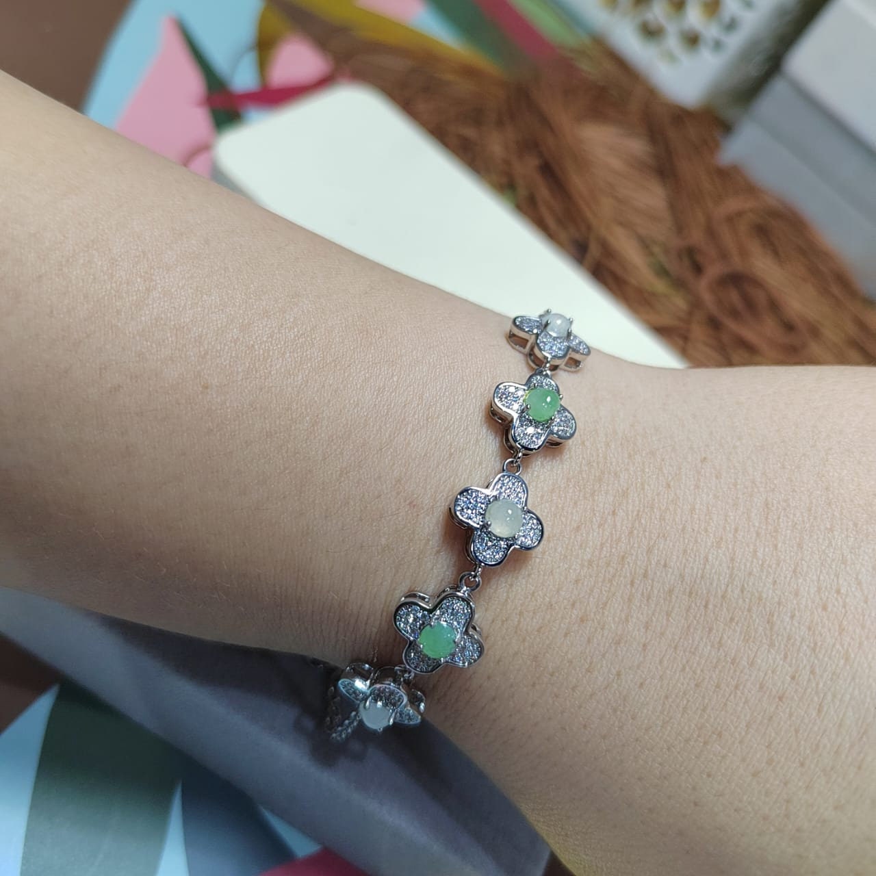 Certified A-Grade Lucky Flower Burmese Gemstone White/Apple Green Jadeite with Zirconia S925 Silver Bracelet | For Her Gifts,Occasions SL032