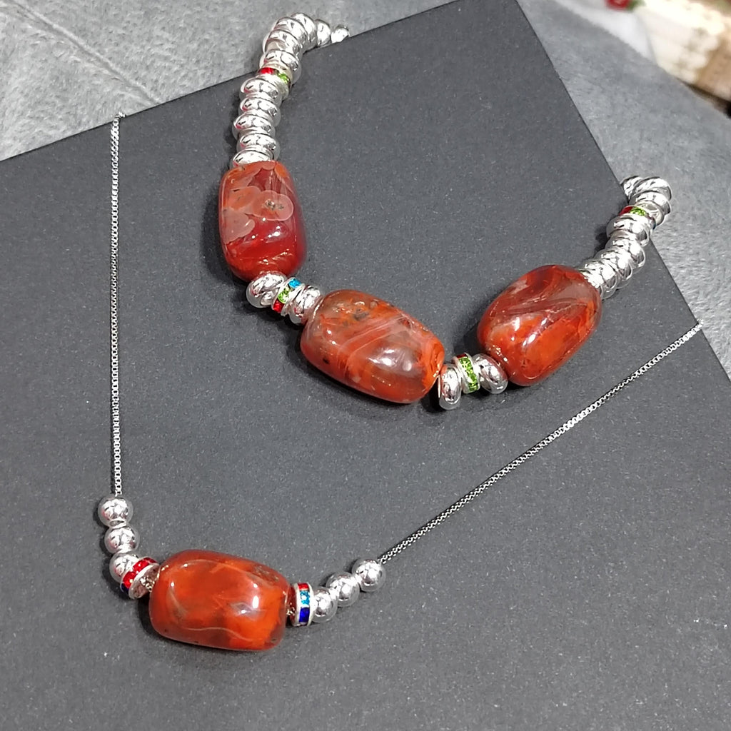 Natural Sichuan Wasi Southern Red Nanhong Agate 2pcs Set | Uneven Cut Bracelet/Necklace | Handmade Design SL309