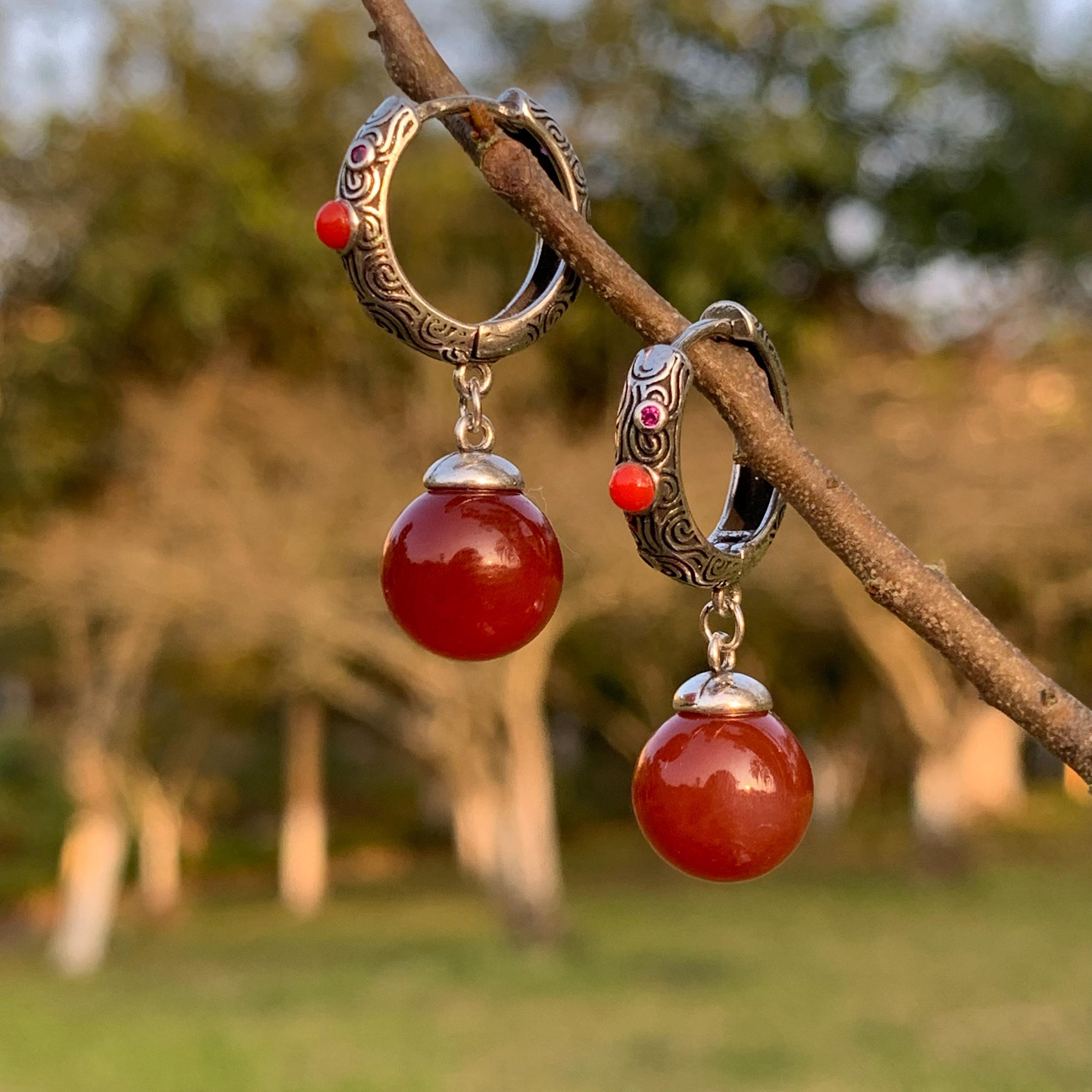 Elegant S925 Silver Design Hoop/Dangle Earrings | Certified A-Grade Natural Baoshan Southern Red Nanhong Agate SL256X15