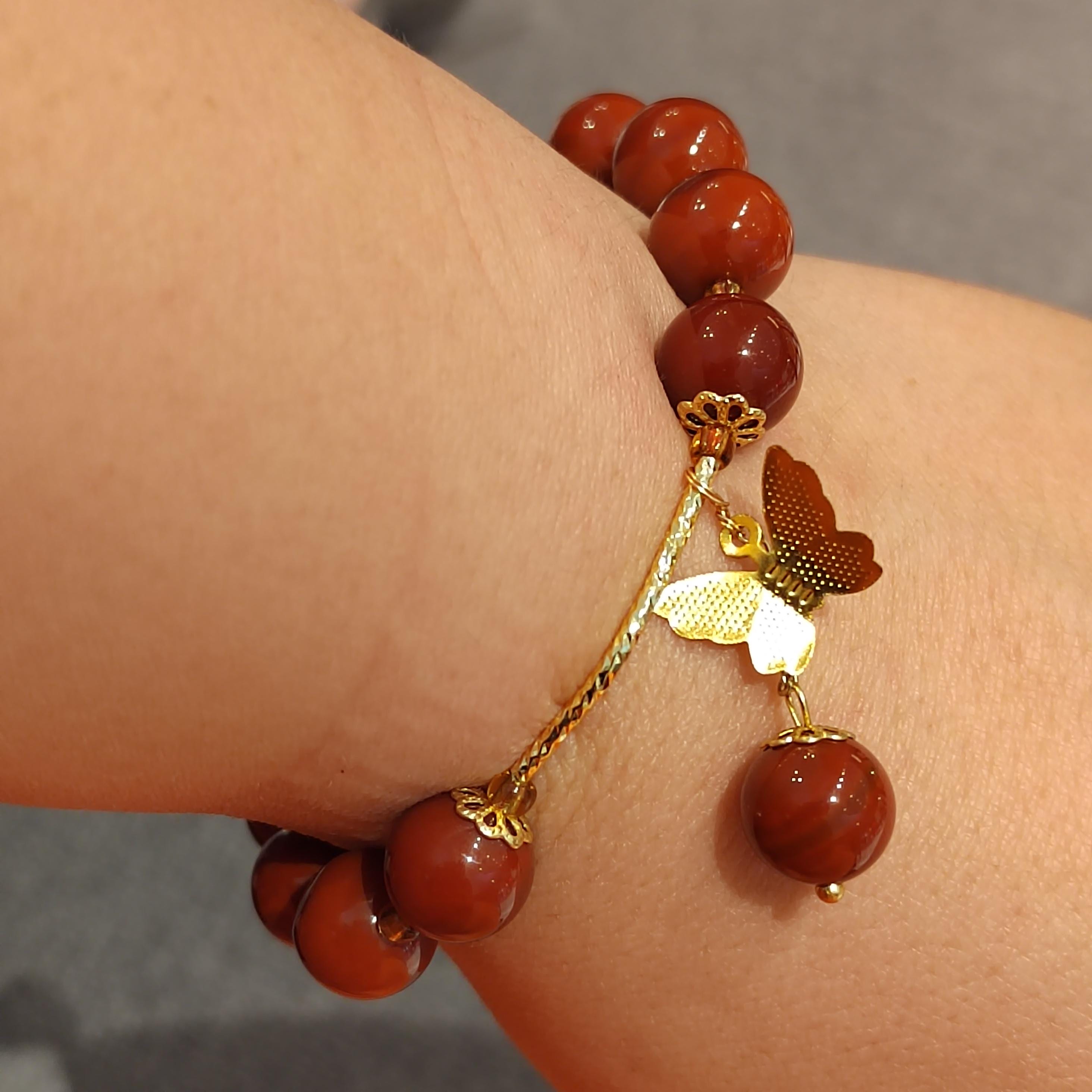 Elegant Certified Natural Ox Blood Southern Nanhong Agate 14k Plated Bead Bracelet - Gifts for Her SL324