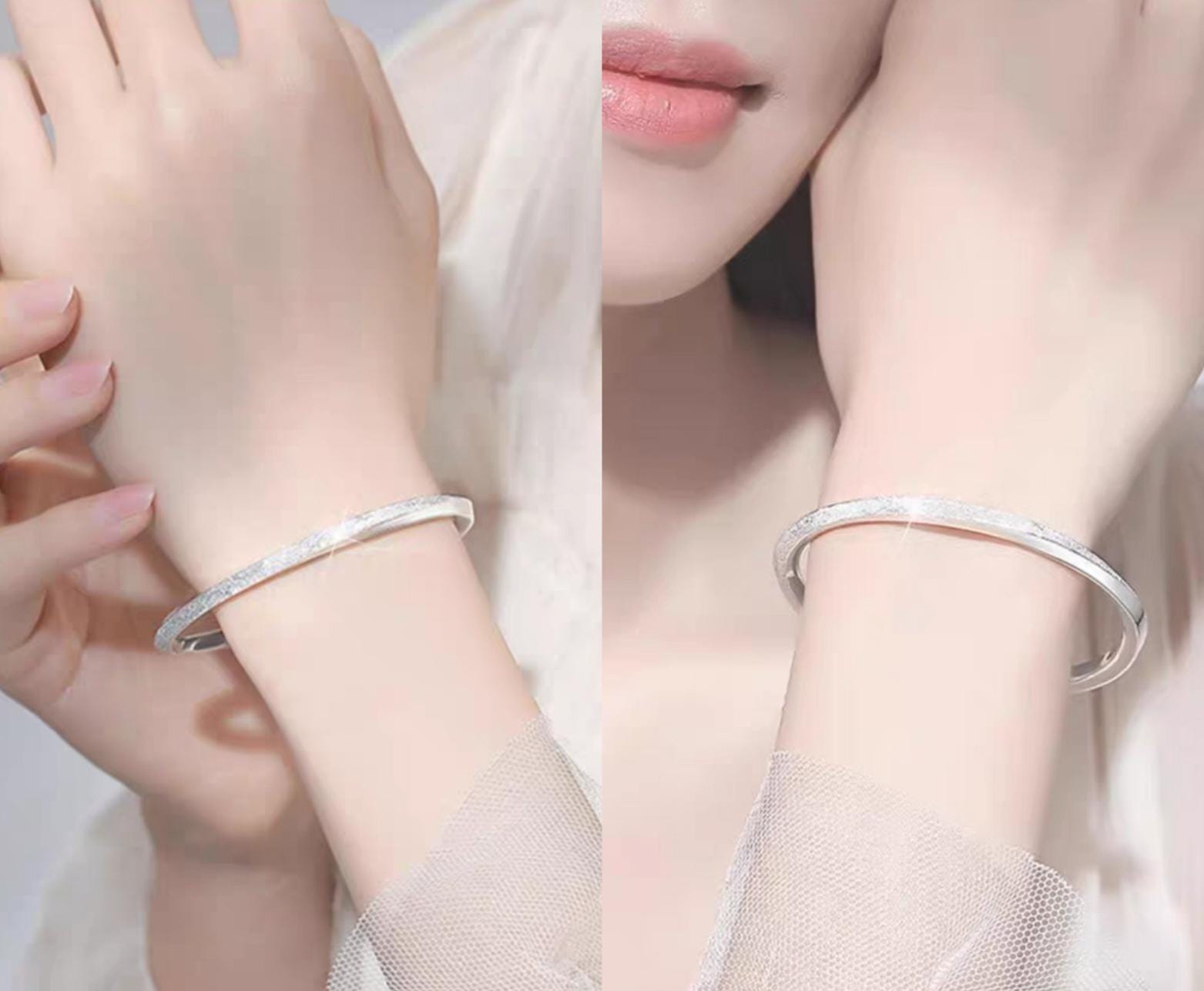 Close-up of a person wearing a silver bracelet on a light background
