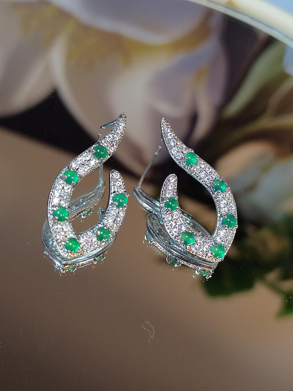 Elegant Jadeite Stud Earrings Design S925 Sterling Silver Guatemala Natural Ocean Blue Zirconia Natural Untreated For Her SL010 - SL Precious