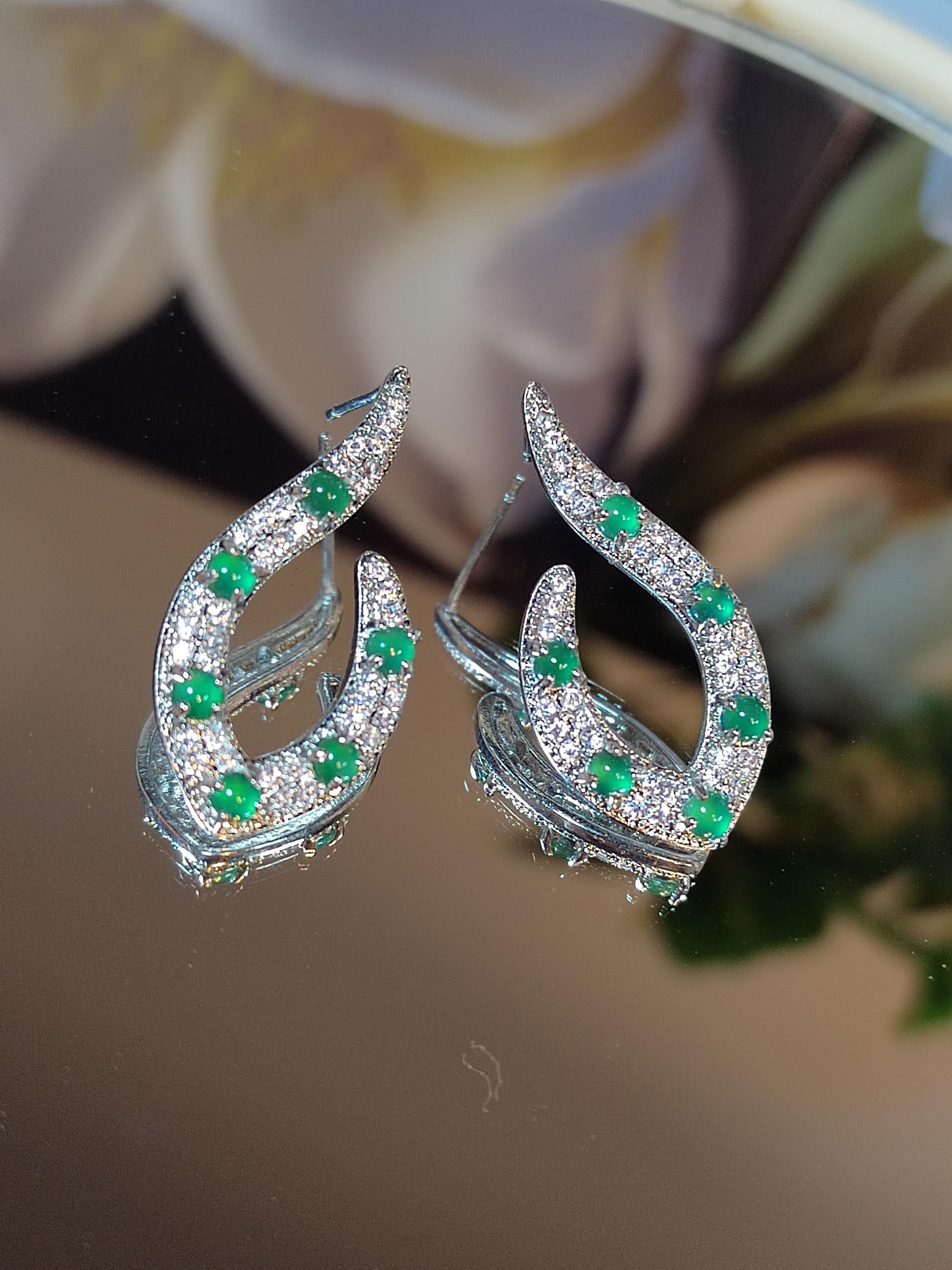 Elegant Jadeite Stud Earrings Design S925 Sterling Silver Guatemala Natural Ocean Blue Zirconia Natural Untreated For Her SL010 - SL Precious