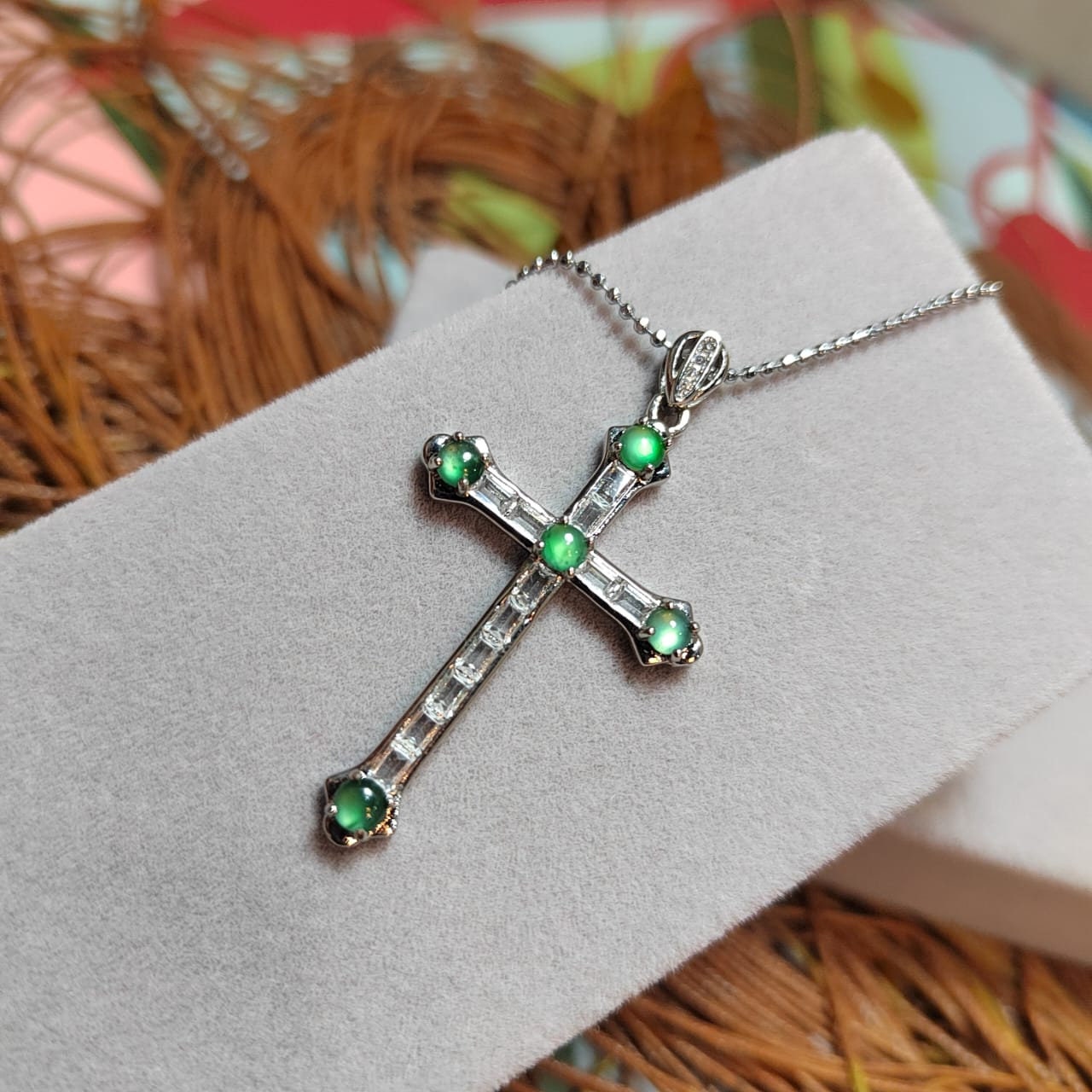 Certified Untreated A-Grade Burmese Icy Light Bulbs Natural Untreated Green Jadeite Cross Necklace | Christian Gift SL051 - SL Precious