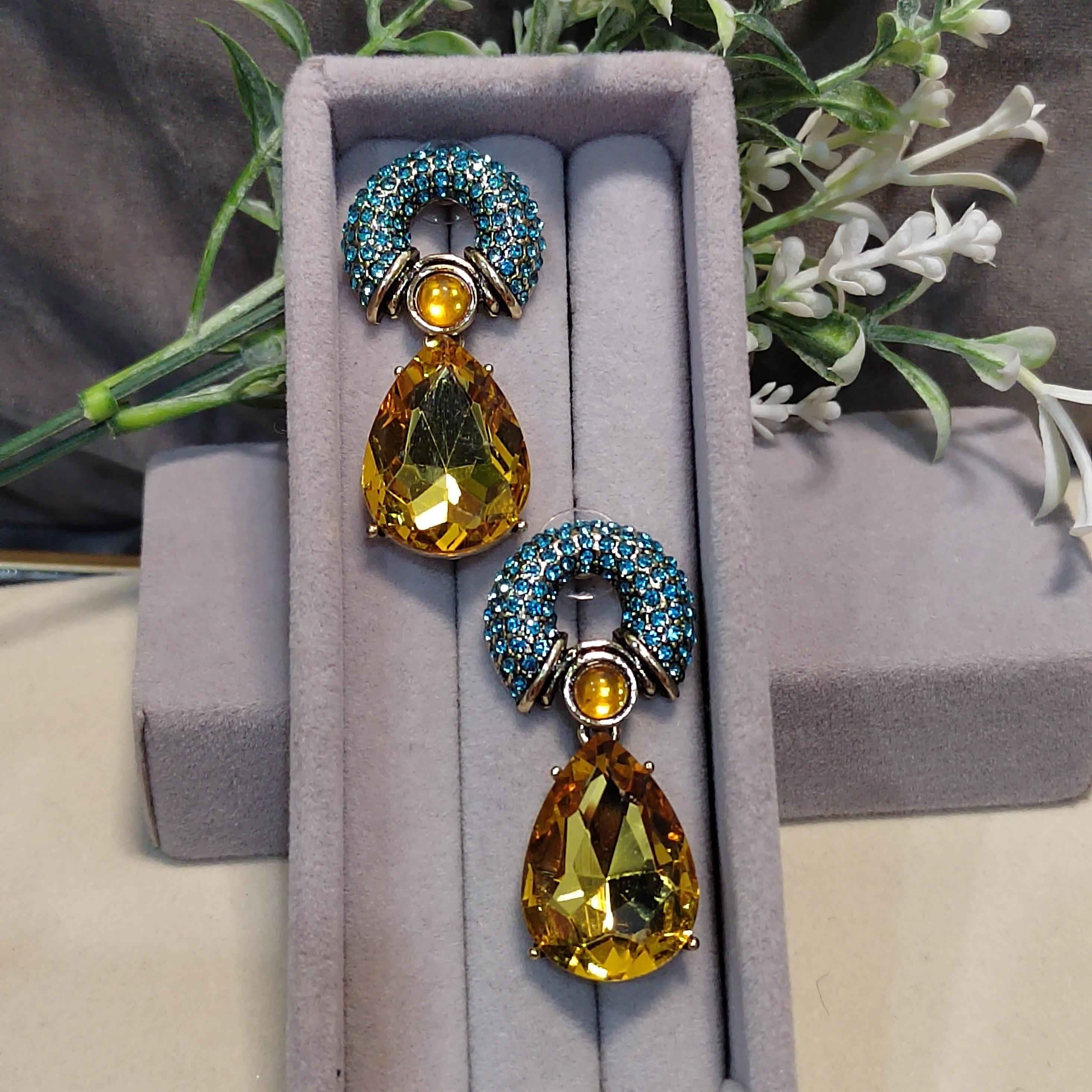 Rhinestone 925 Silver Stud Chucky Earrings Luxury Blue Yellow Wedding, Anniversary, Party, Casual SL158 - SL Precious
