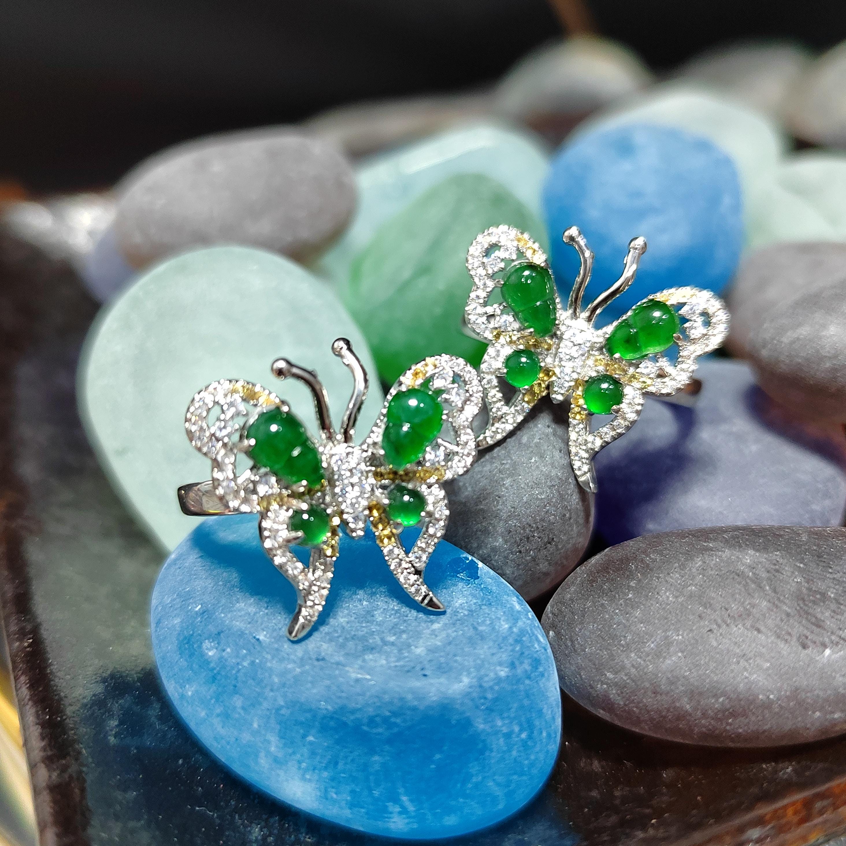 Certified Natural Untreated Burmese Imperial Green Elegant Butterfly Zircon S925 2 Tones Silver Gold Jadeite Ring(1pc) SL367x35