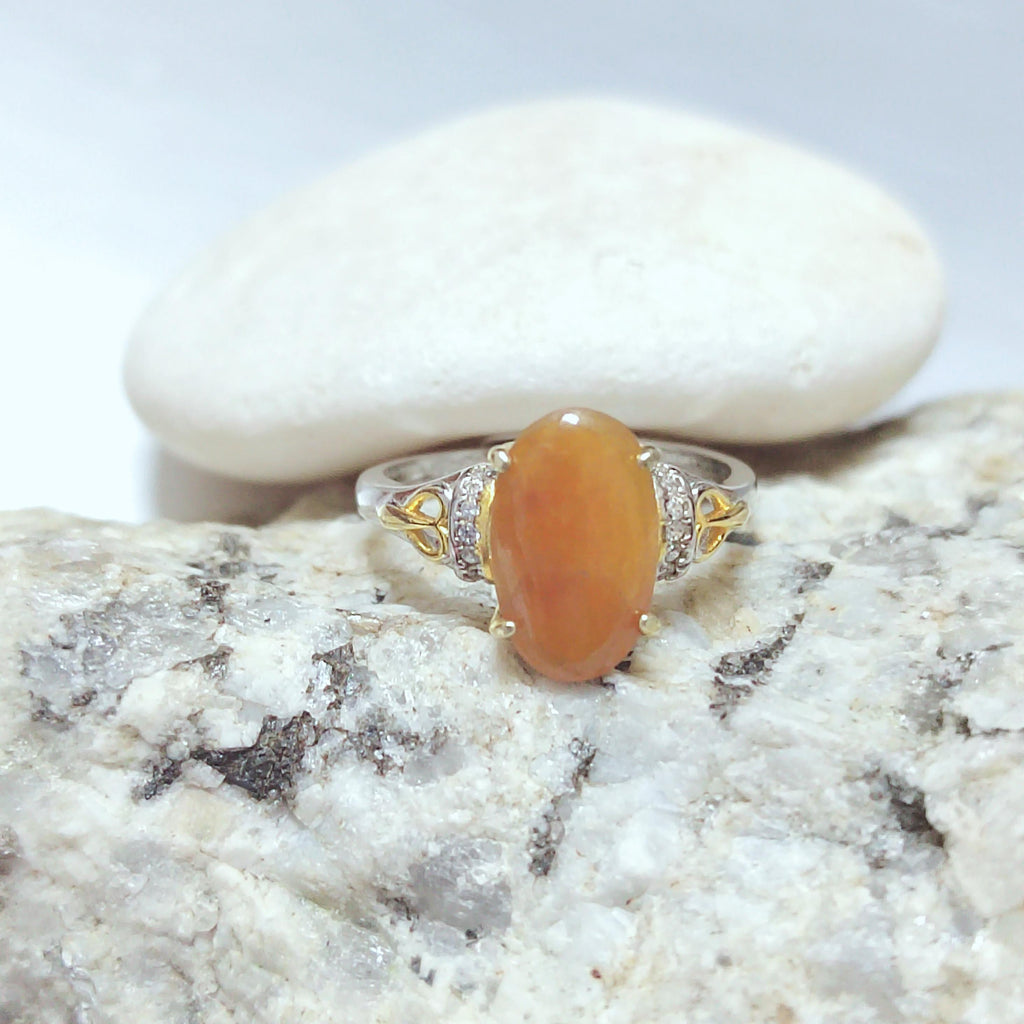Burmese Certified A-Grade Natural Untreated Icy Yellow Oval Shape Jadeite Zircon S925 2 Tone White & Gold Plated Ring SL254X13