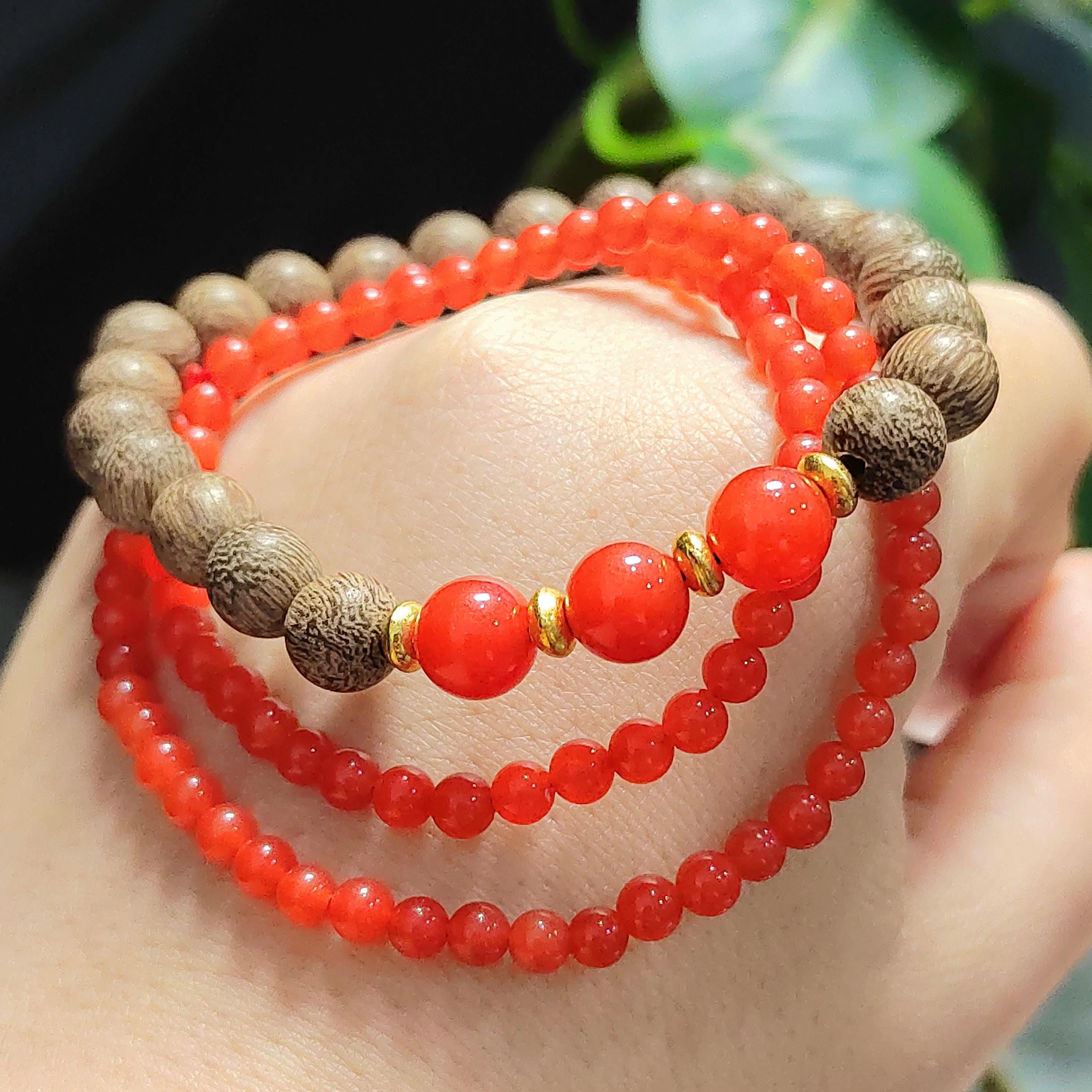 Natural Yunna Baoshan Persimmon Icy Red Nanhong Agate| Natural Agarwood Bead Bracelet 2pcs Set Stacked Design SL393