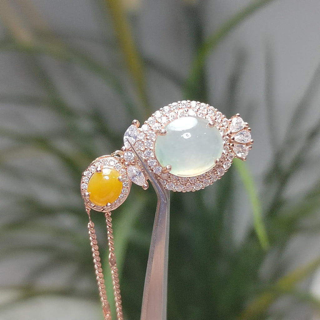A Grade Women Natural Gemstone Untreated Burmese Yellow & Icy White Jadeite Pendant 925 Sterling Silver with 18k Rose Gold Plated SL094